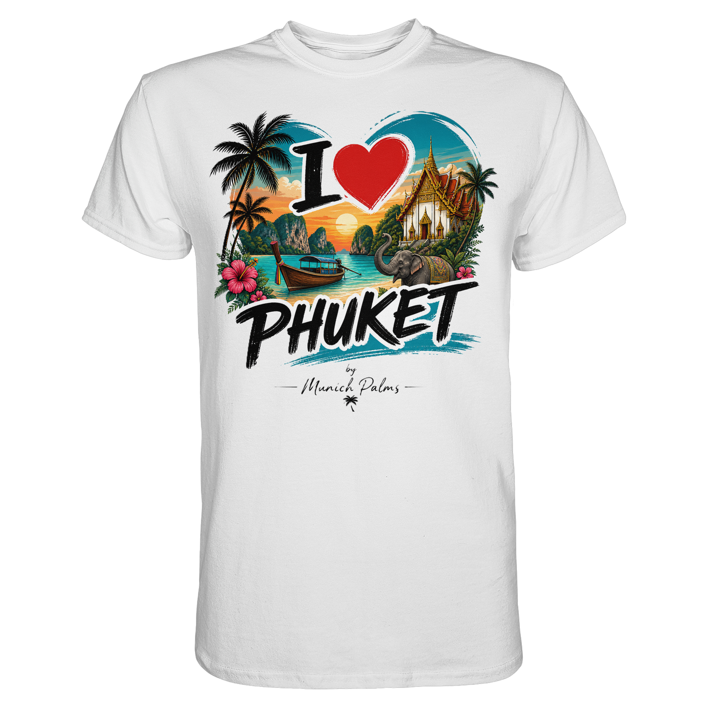 Weißes Unisex-Shirt mit "I love Phuket" Print, Premium Qualität, von Online Kaufhaus München.