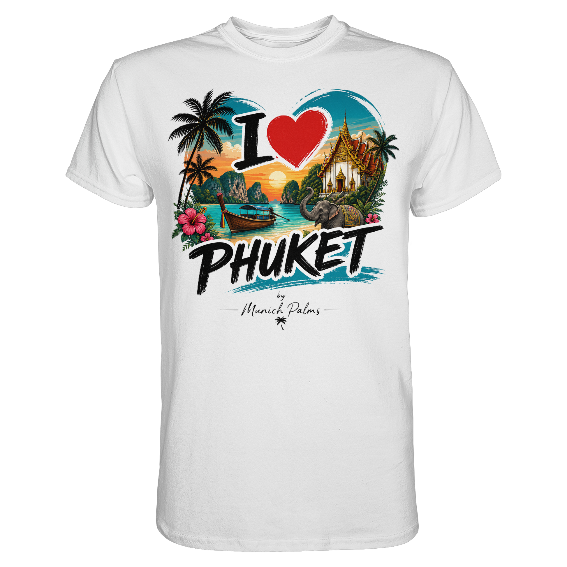 Weißes Unisex-Shirt mit "I love Phuket" Print, Premium Qualität, von Online Kaufhaus München.