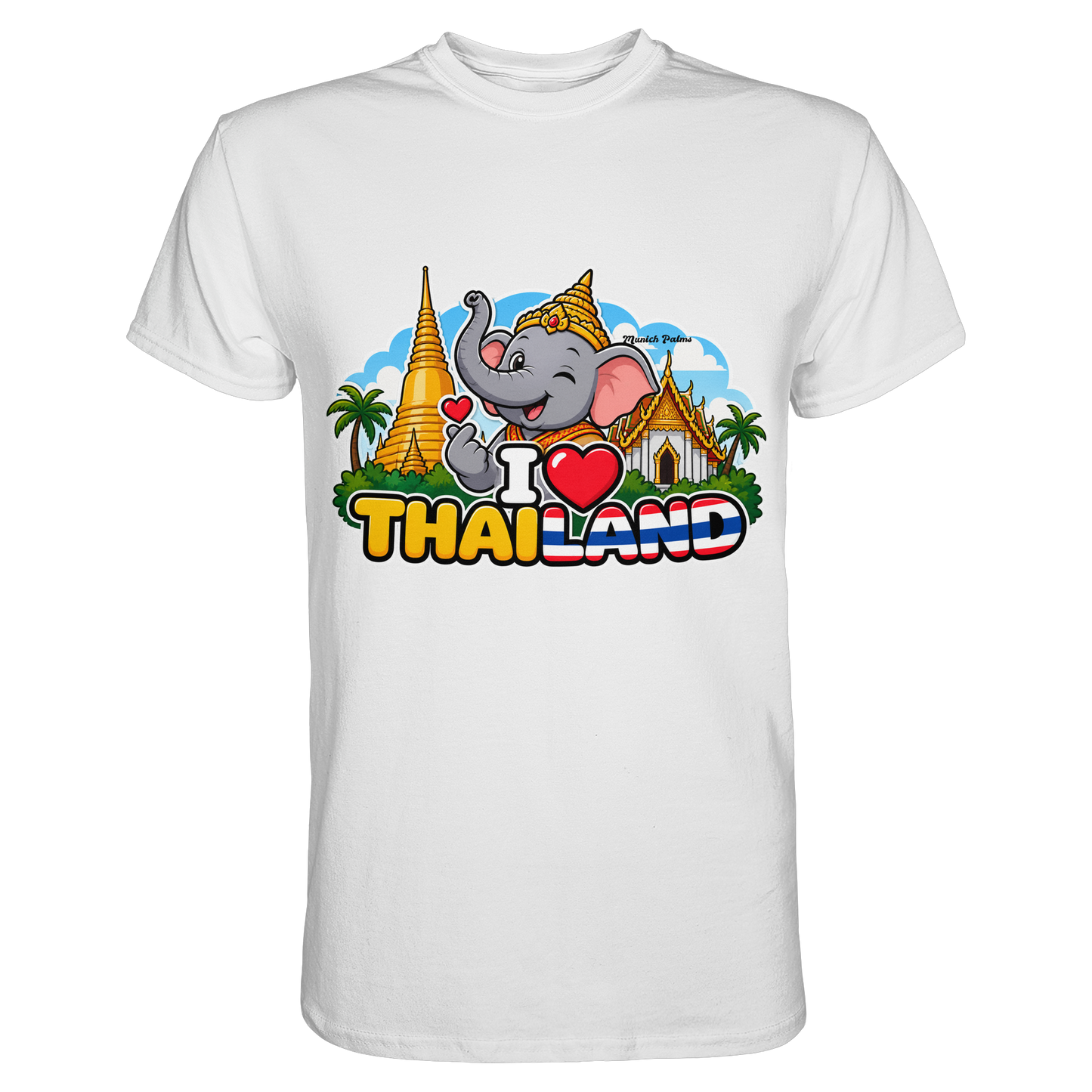 Weißes Unisex-Shirt mit I Love Thailand Elefanten-Design, Munich Palms, hochwertiges Premium-Shirt von Online Kaufhaus München