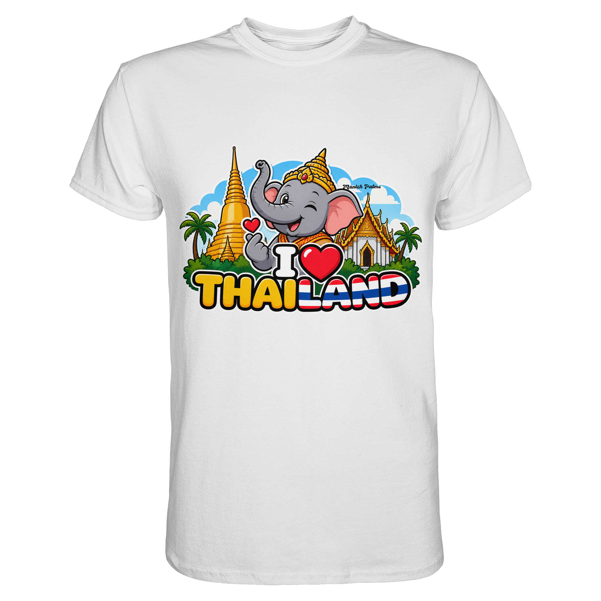 Weißes Unisex-Shirt mit I Love Thailand Elefanten-Design, Munich Palms, hochwertiges Premium-Shirt von Online Kaufhaus München