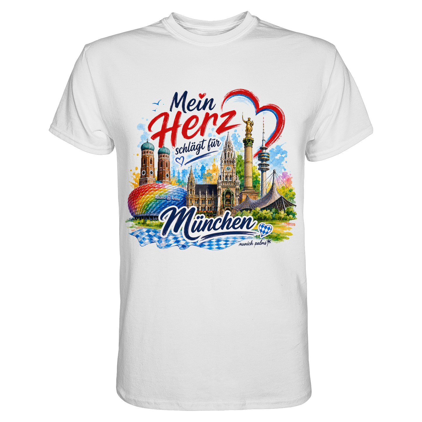 Unisex-Shirt in Weiß mit buntem München-Design, Herz und Wahrzeichen, von Munich Palms, perfekt für München-Liebhaber.