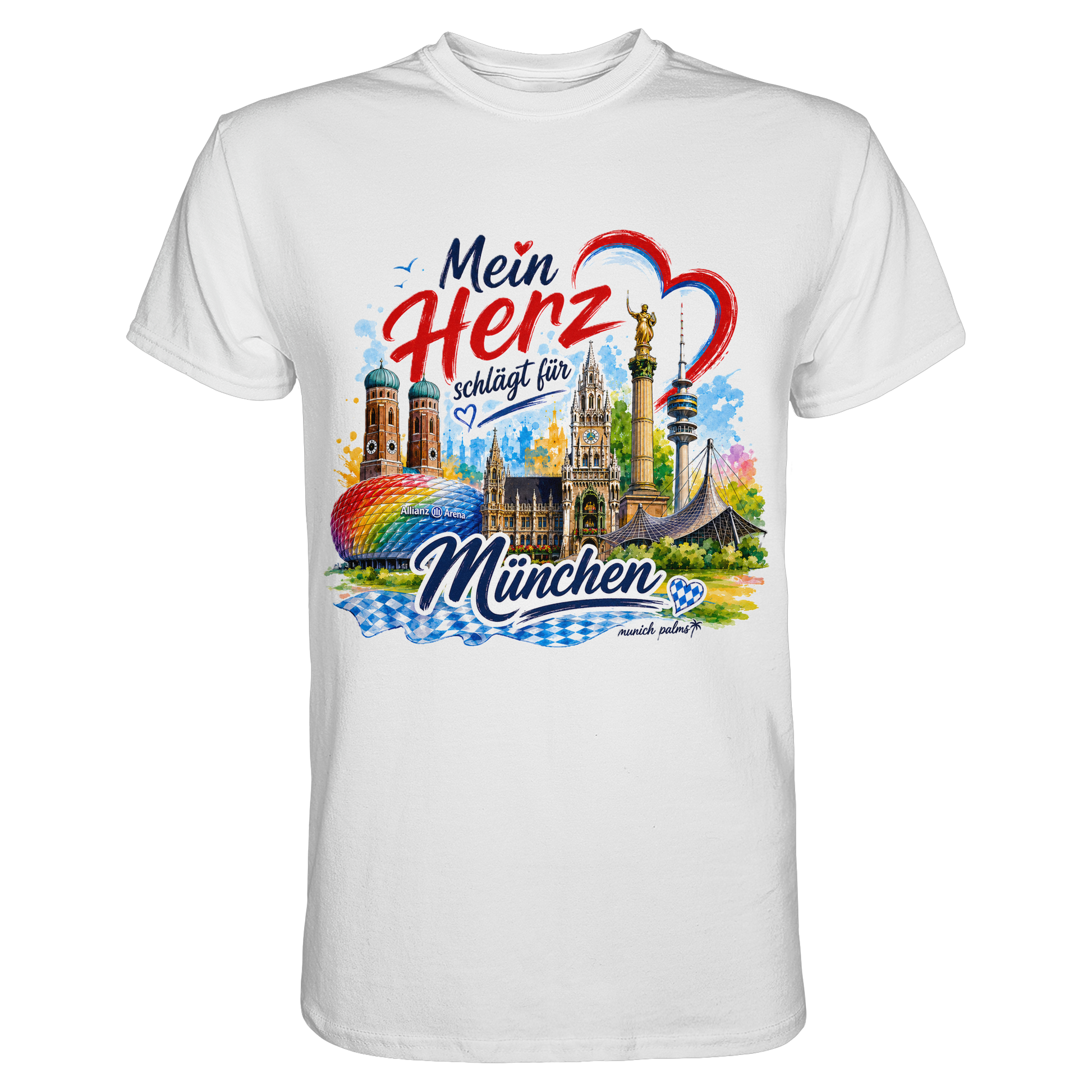 Unisex-Shirt in Weiß mit buntem München-Design, Herz und Wahrzeichen, von Munich Palms, perfekt für München-Liebhaber.
