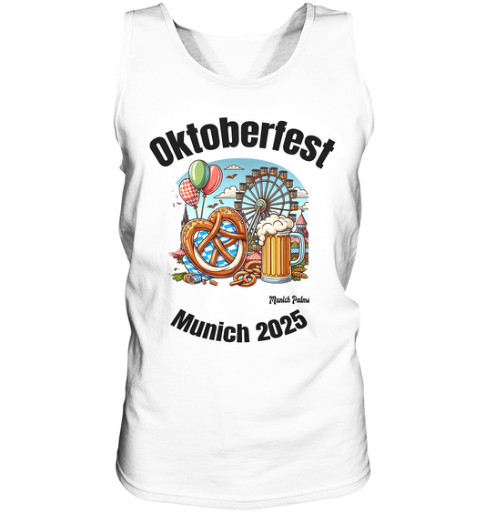 Bequemer, weißer Tank-Top mit Oktoberfest Munich 2025 Design und Palmen-Motiv, von Online Kaufhaus München, vorne sichtbar.