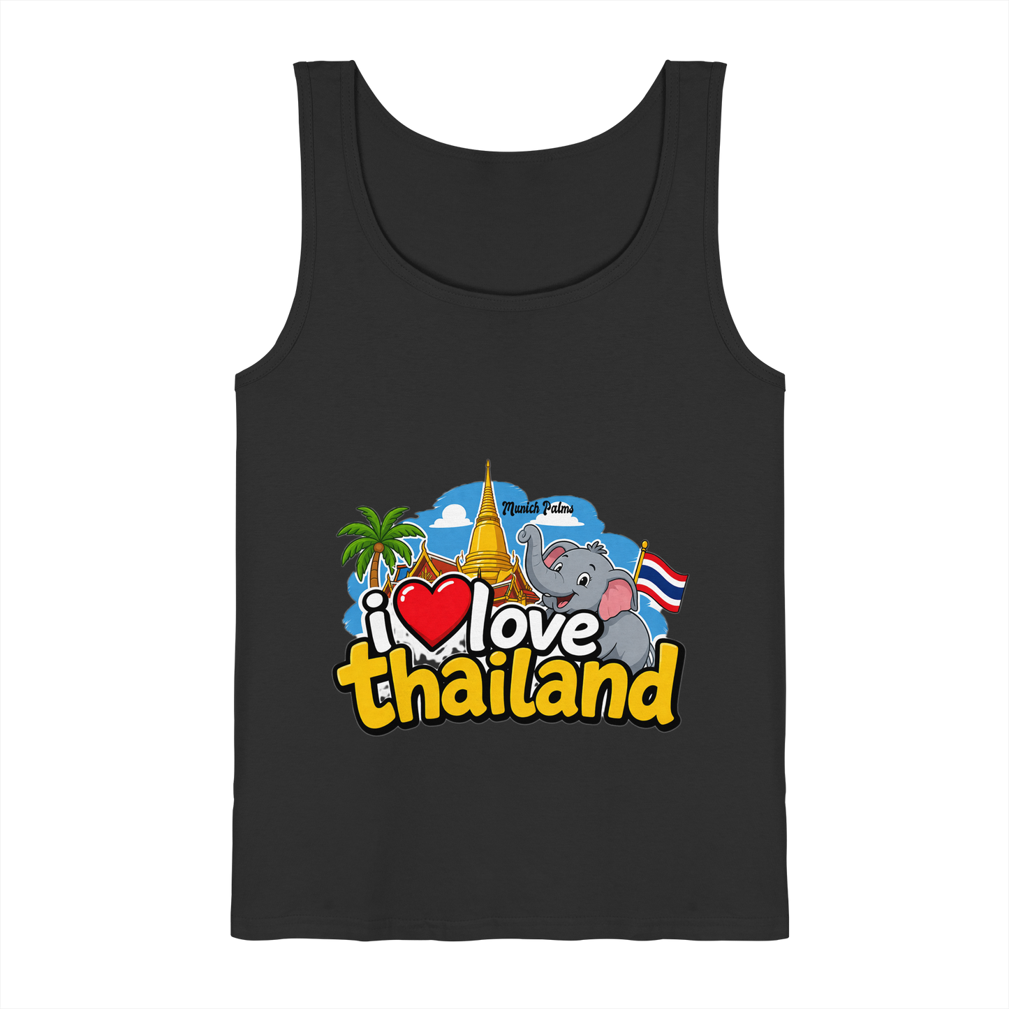 Schwarzes Tank-Top mit „I love Thailand“-Print, Damen-Tank-Top von Online Kaufhaus München, vorne sichtbar.