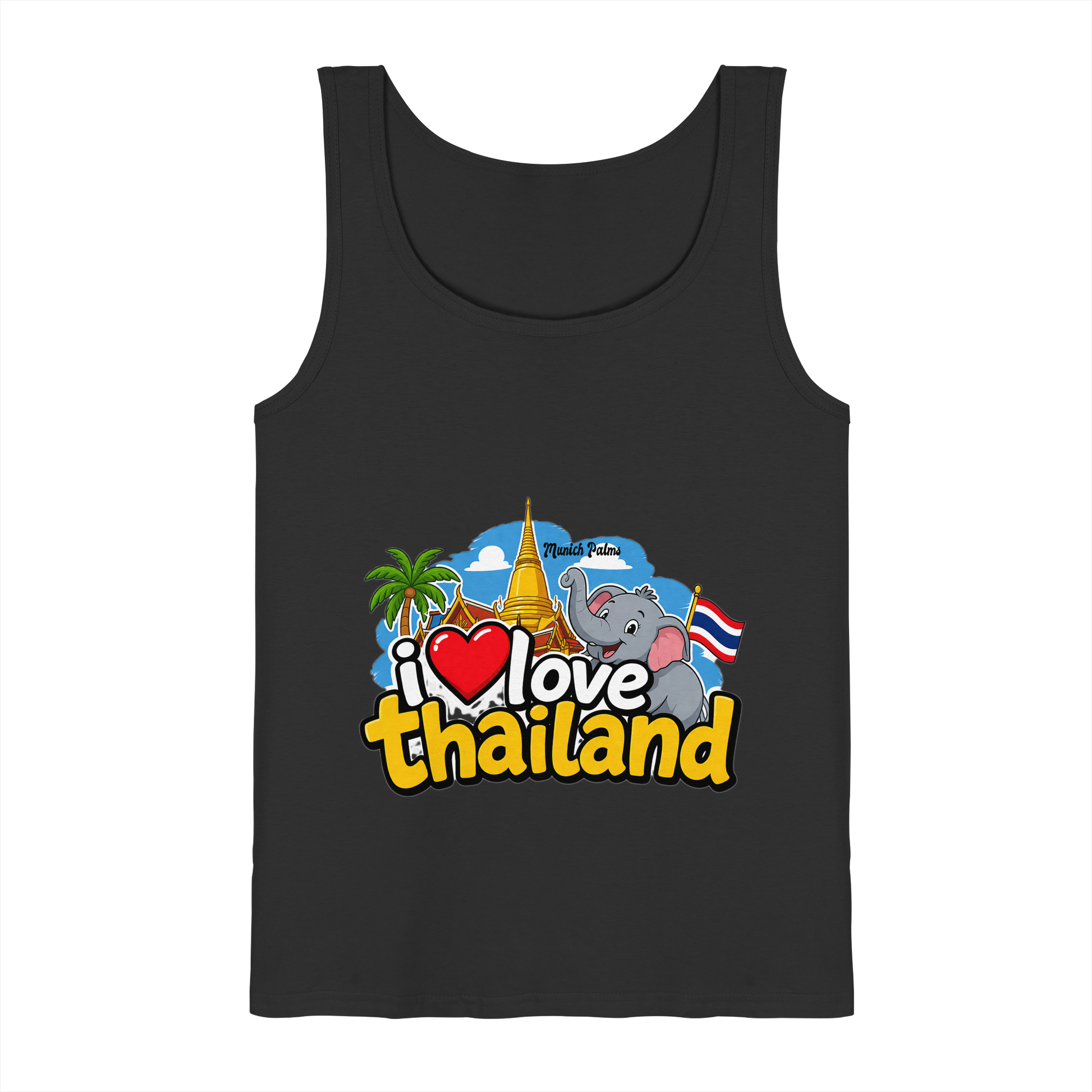 Schwarzes Tank-Top mit „I love Thailand“-Print, Damen-Tank-Top von Online Kaufhaus München, vorne sichtbar.