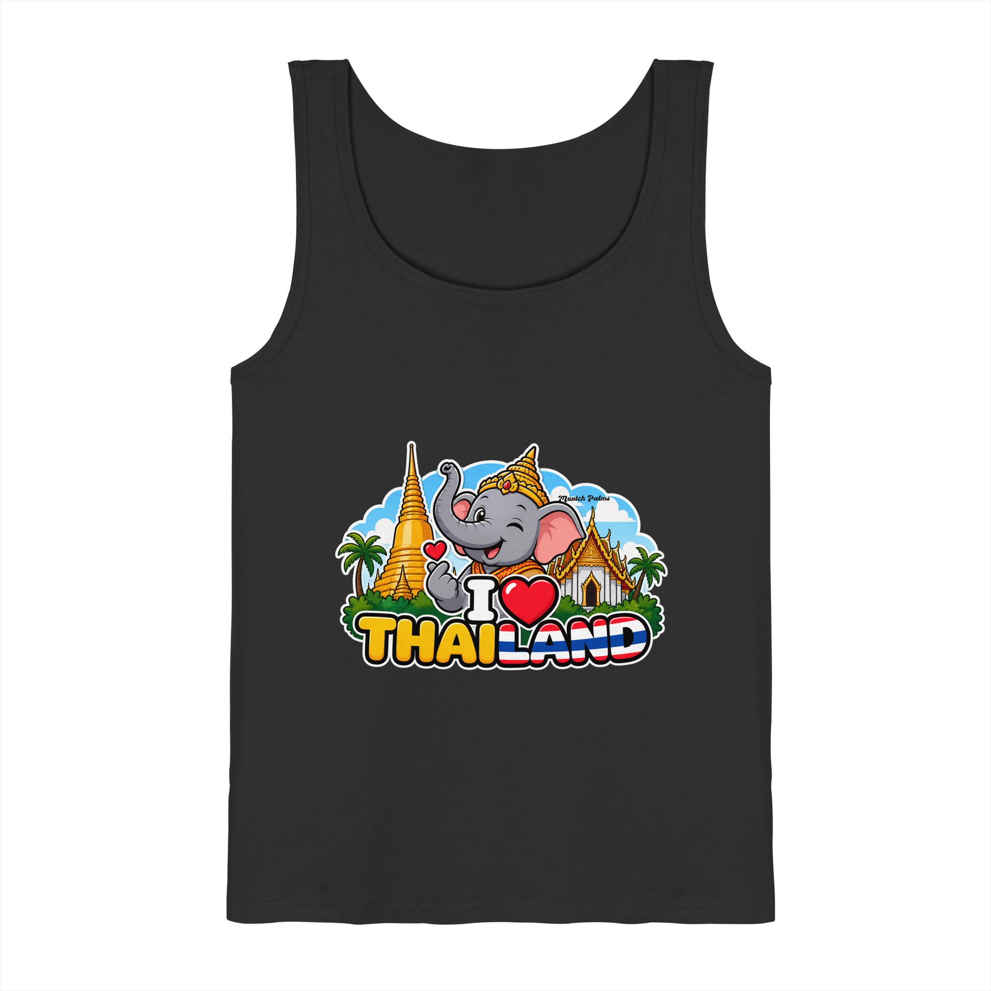 Schwarzes Tank-Top mit lustigem Elefanten-Design und Thailand-Motiv, exklusiv im Munich Palms Stil, für Damen.