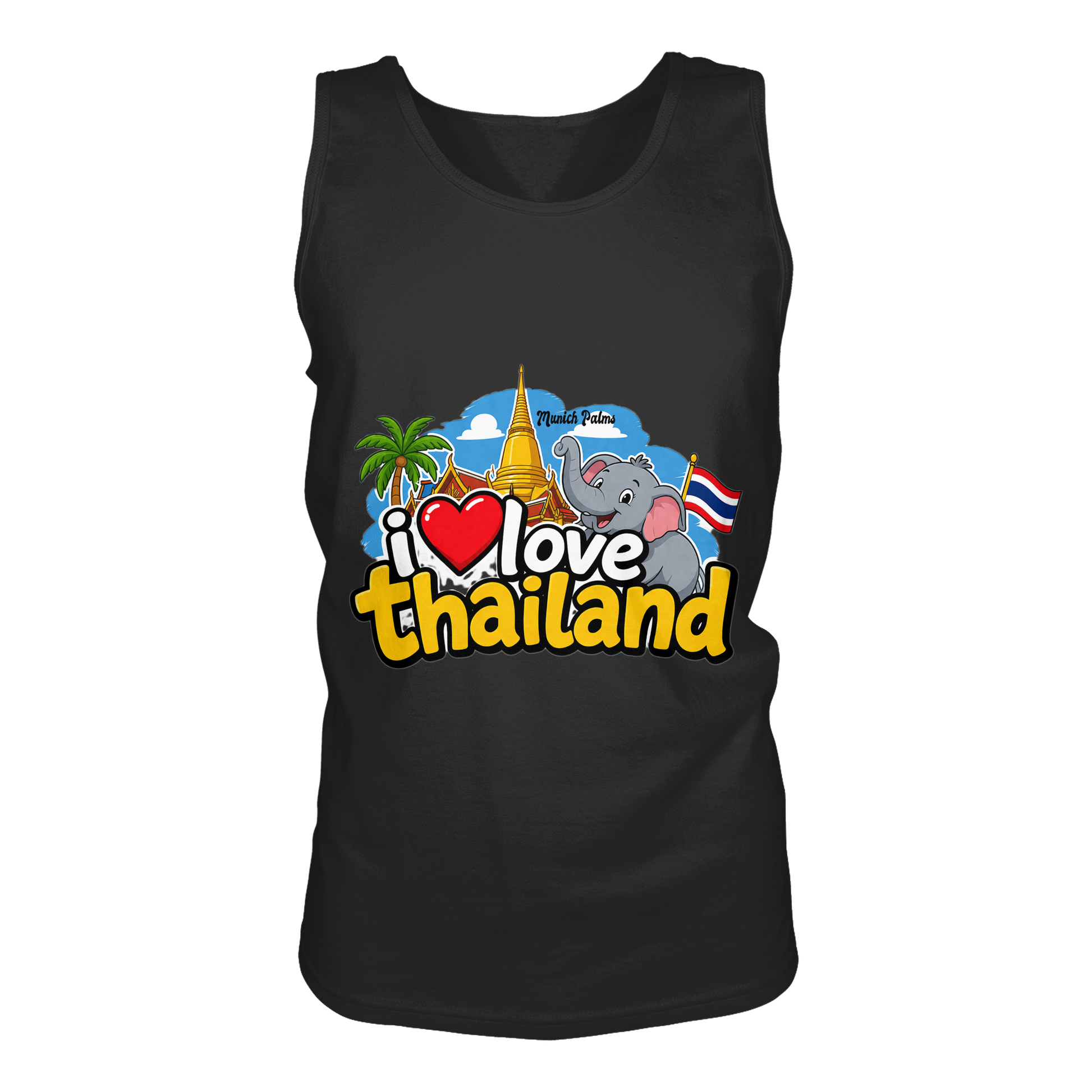 Schwarzes Tank-Top mit "I love Thailand" Schriftzug, bequemes Damen-Tank-Top von Online Kaufhaus München, Frontansicht