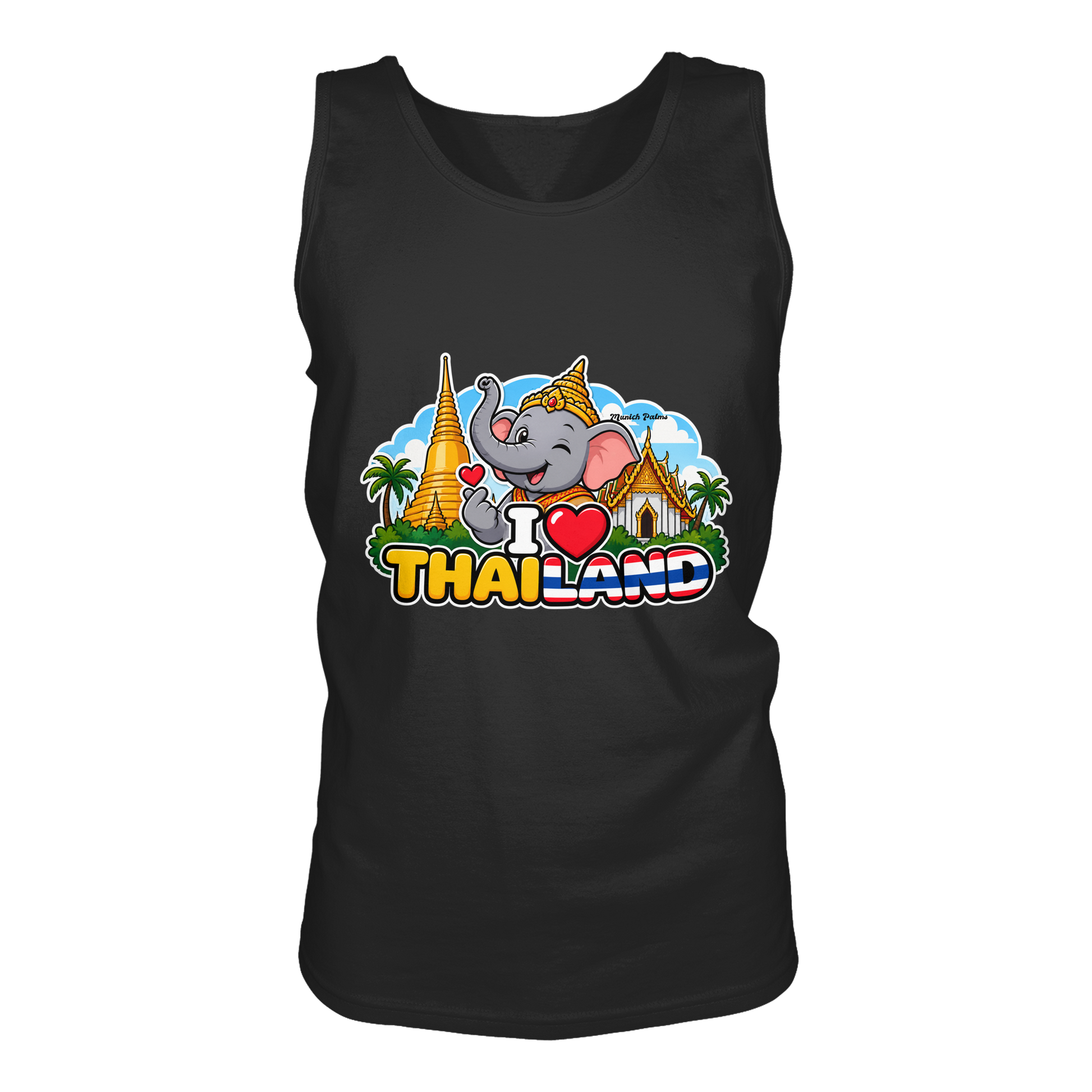 Schwarzes Tank-Top mit I Love Thailand Elefanten-Design, Munich Palms, Vorderansicht, modisches Damen-Shirt