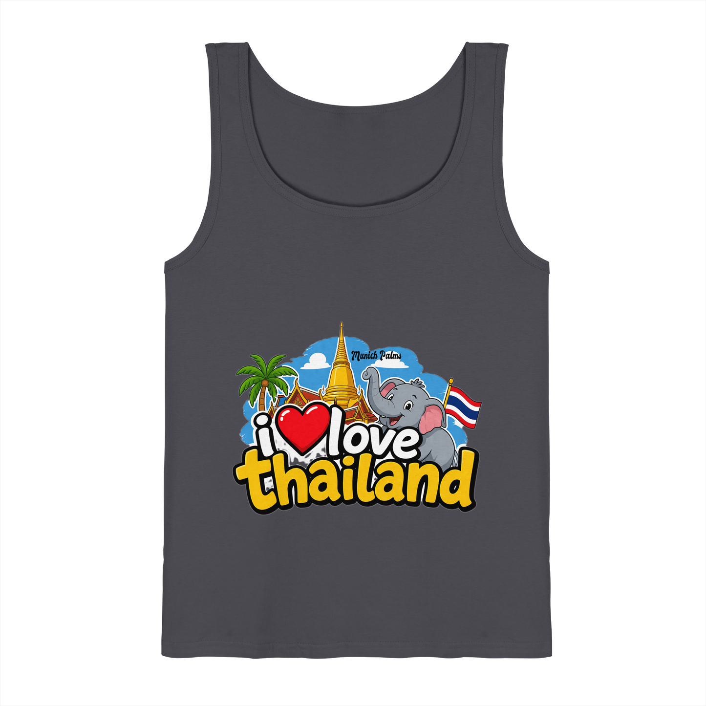 Dunkelgraues Tank-Top mit "I love Thailand"-Aufdruck, leichtes Baumwollmaterial, modisches Design, für Damen und Herren.