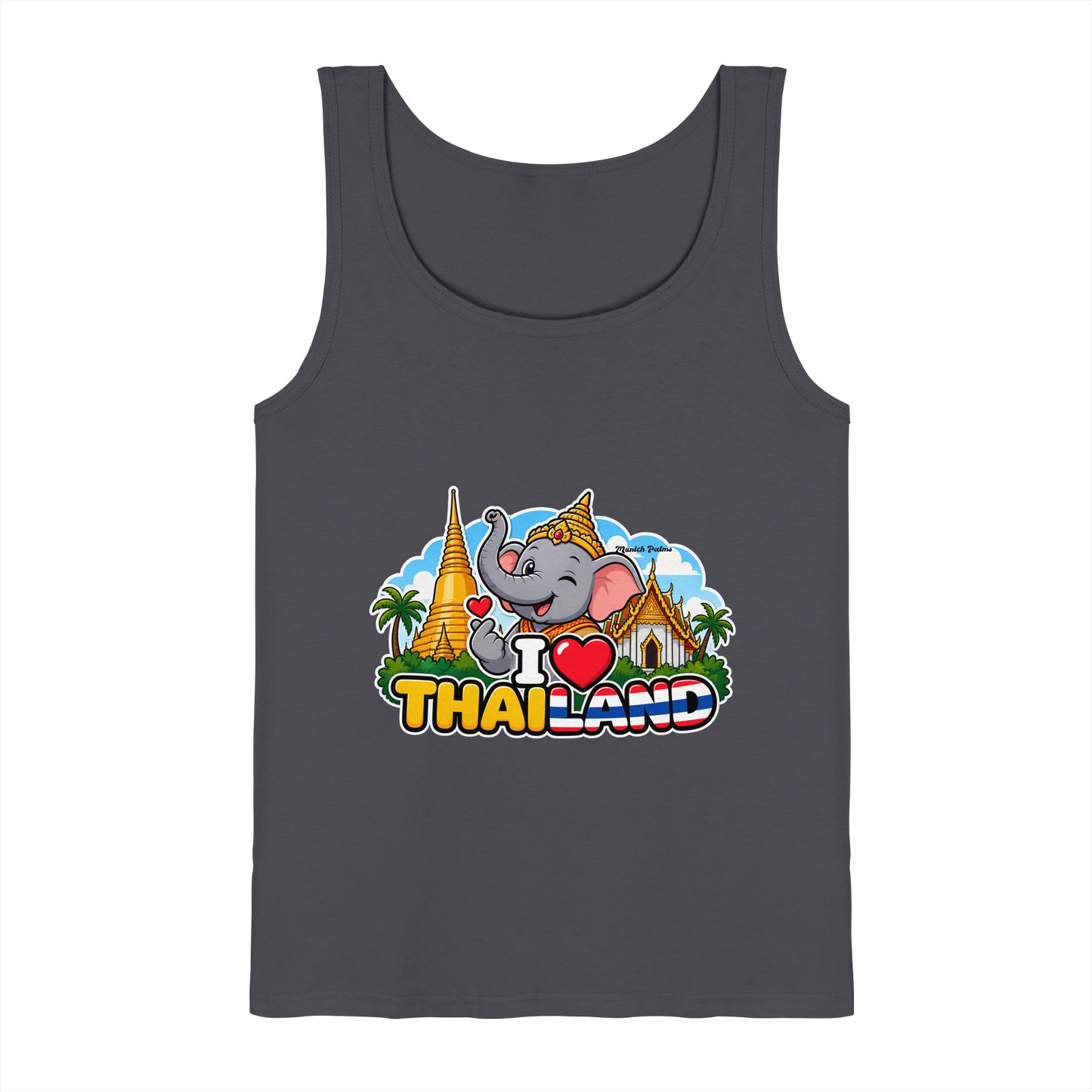 Lächelnder Elefant auf dunkelgrauem Tank-Top mit Thailand-Motiv, exklusives Munich Palms Design, Frontansicht