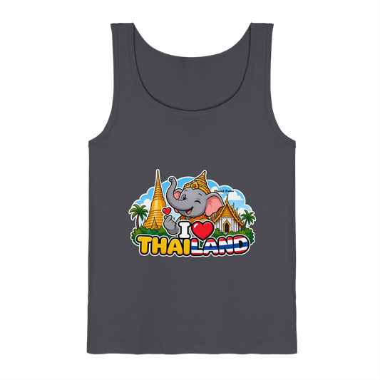 Lächelnder Elefant auf dunkelgrauem Tank-Top mit Thailand-Motiv, exklusives Munich Palms Design, Frontansicht
