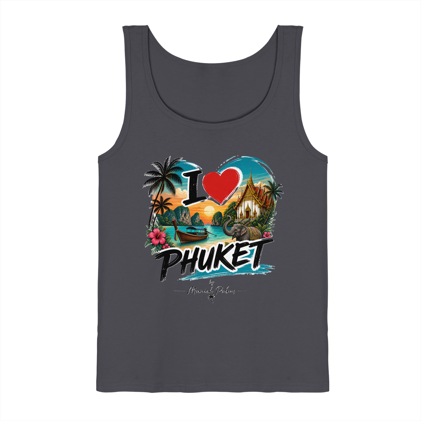 Dunkelgraues Tank-Top mit "I love Phuket" Druck von Online Kaufhaus München, Vorderansicht, weiches Baumwollmaterial.