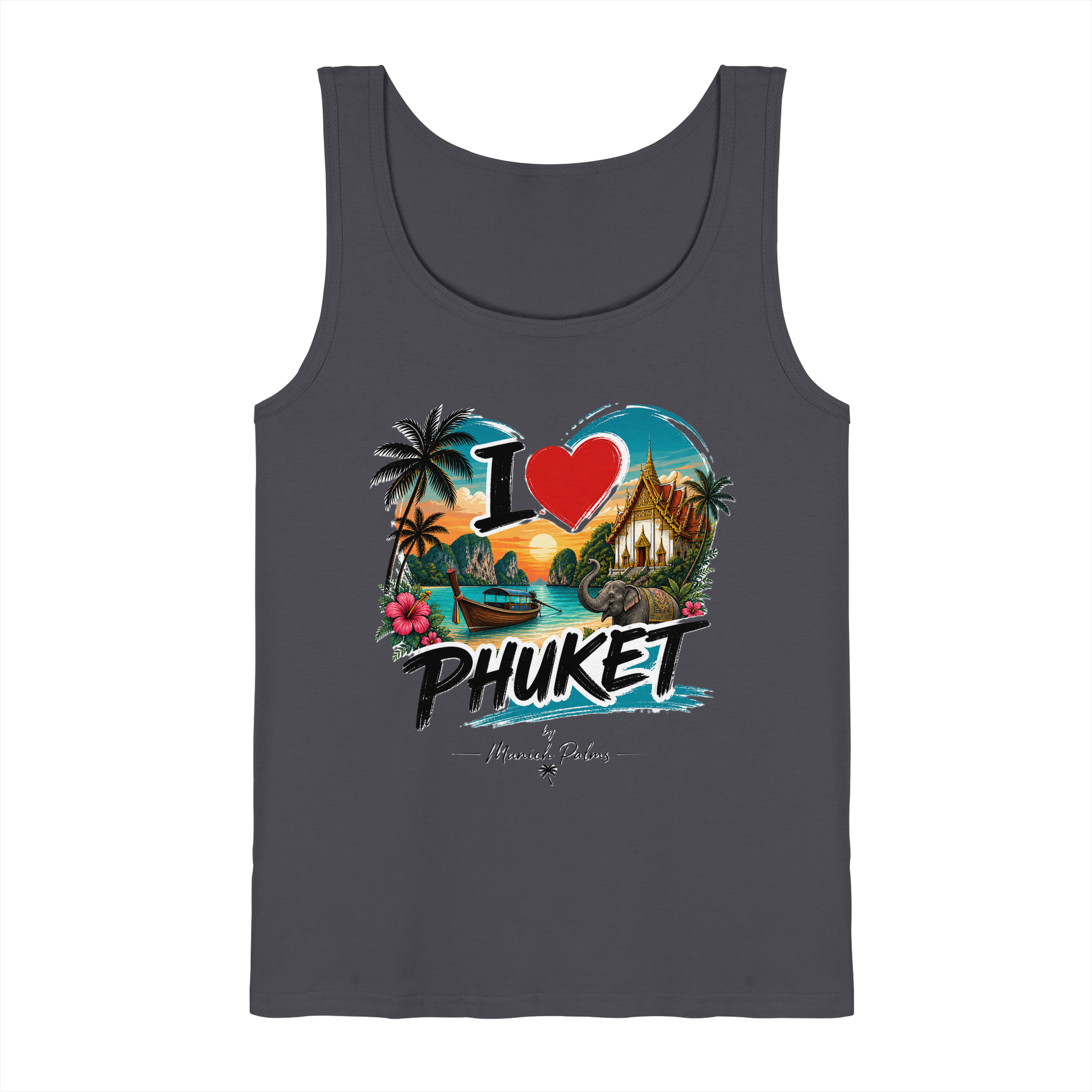Dunkelgraues Tank-Top mit "I love Phuket" Druck von Online Kaufhaus München, Vorderansicht, weiches Baumwollmaterial.