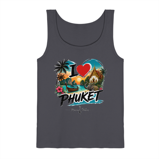 Dunkelgraues Tank-Top mit "I love Phuket" Druck von Online Kaufhaus München, Vorderansicht, weiches Baumwollmaterial.