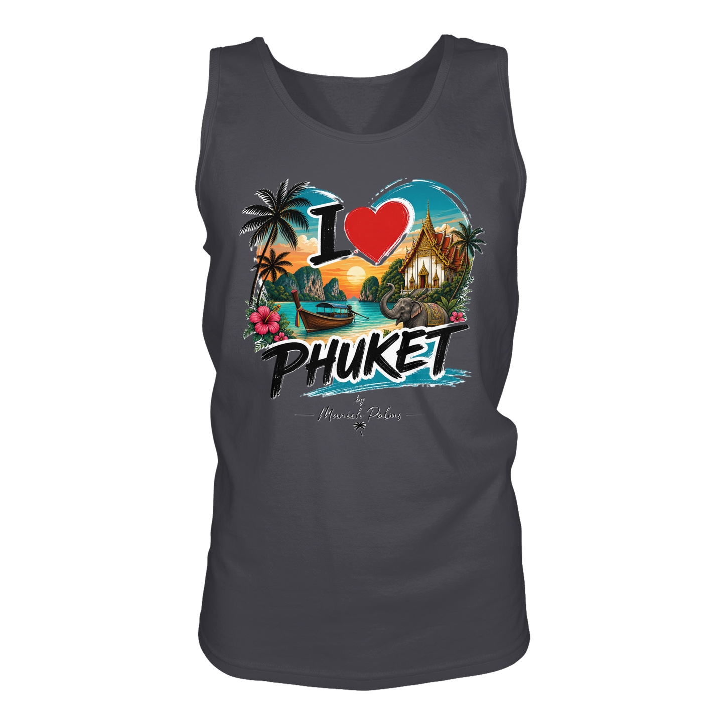 Dunkelgraues Tank-Top mit "I love Phuket"-Print, Frontansicht, von Online Kaufhaus München, für Damen oder Herren.