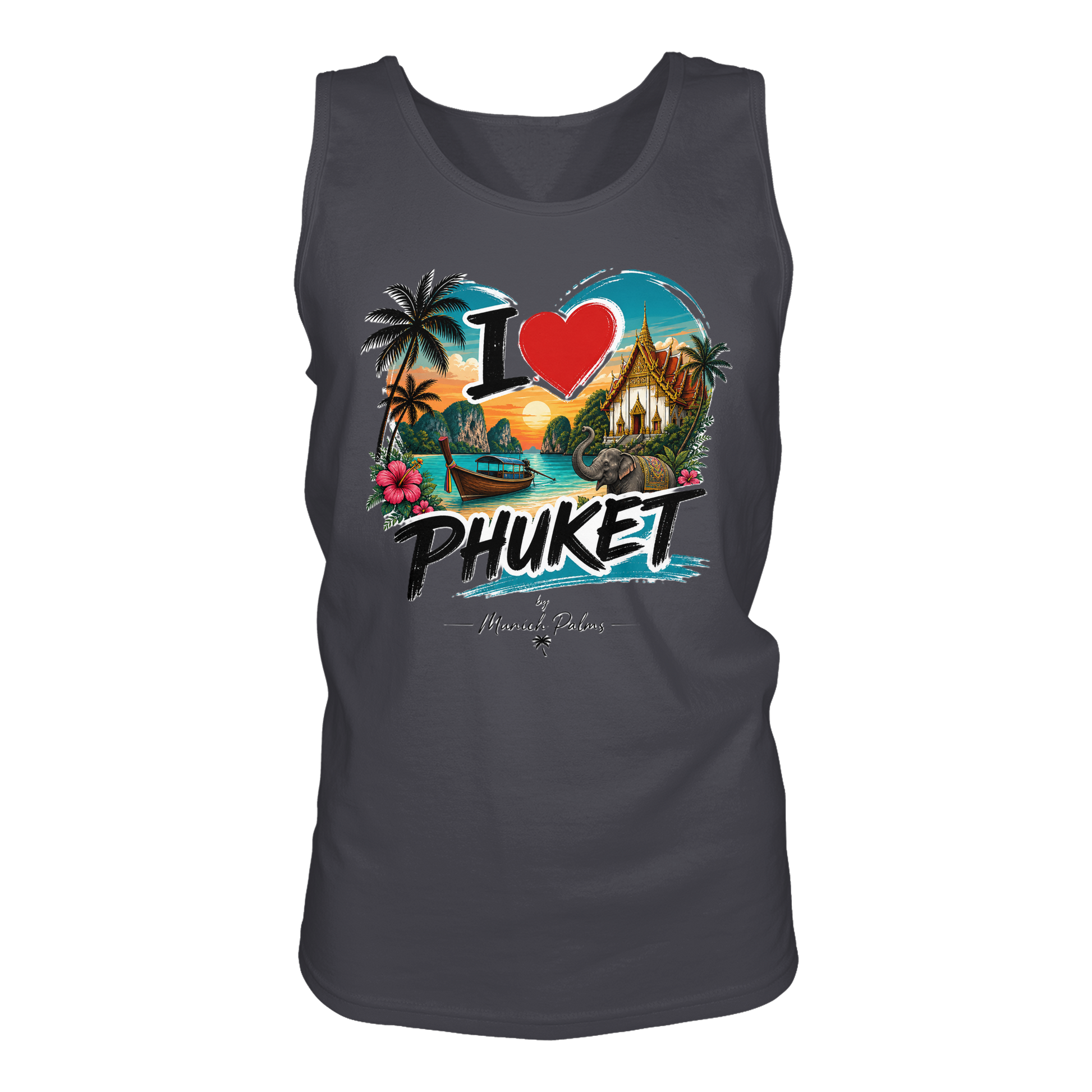 Dunkelgraues Tank-Top mit "I love Phuket"-Print, Frontansicht, von Online Kaufhaus München, für Damen oder Herren.
