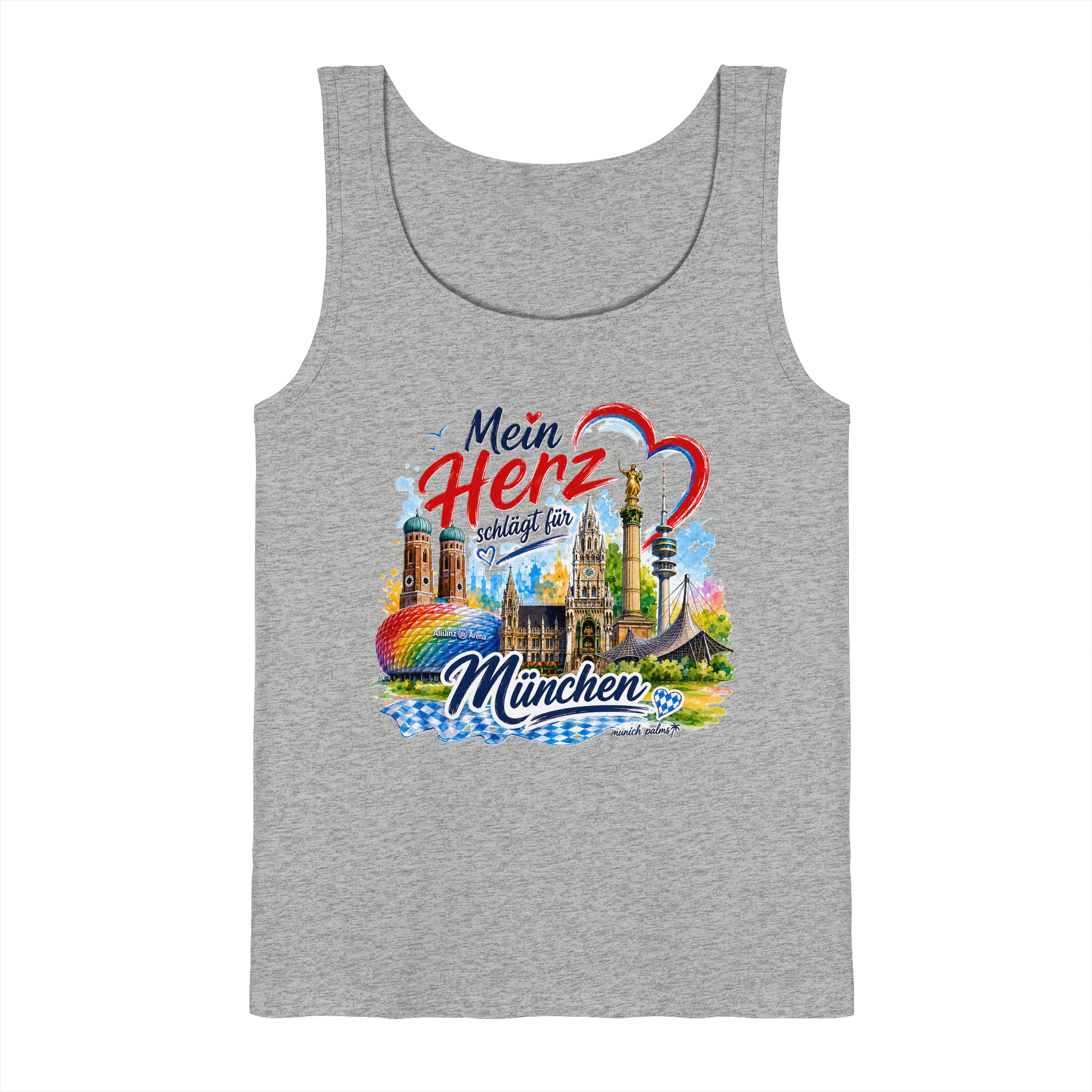 Buntes Tank-Top mit München Wahrzeichen, sportlich, grau meliert, für Damen, mit Herz-Design, von Munich Palms