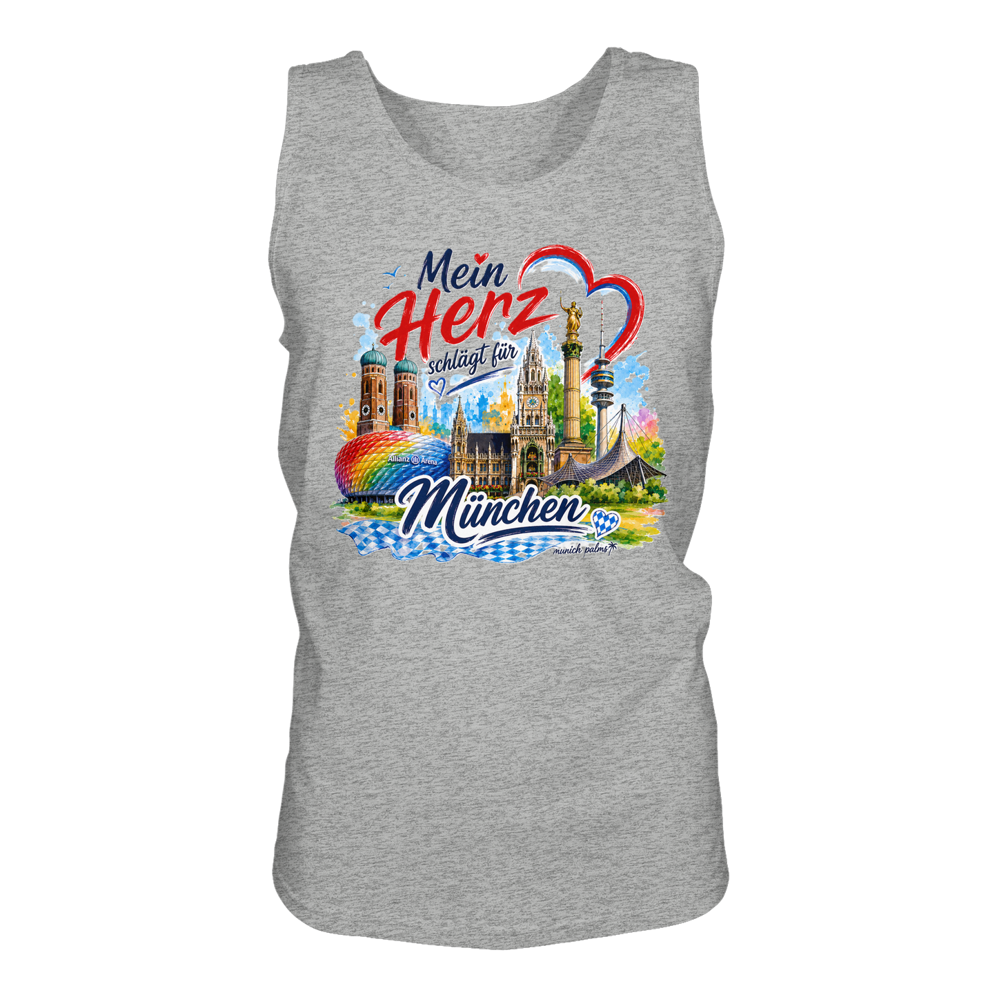 Buntes Tank-Top mit München-Wahrzeichen und Herzmotiv, sportlich, meliertes Grau, von Munich Palms, für Damen.