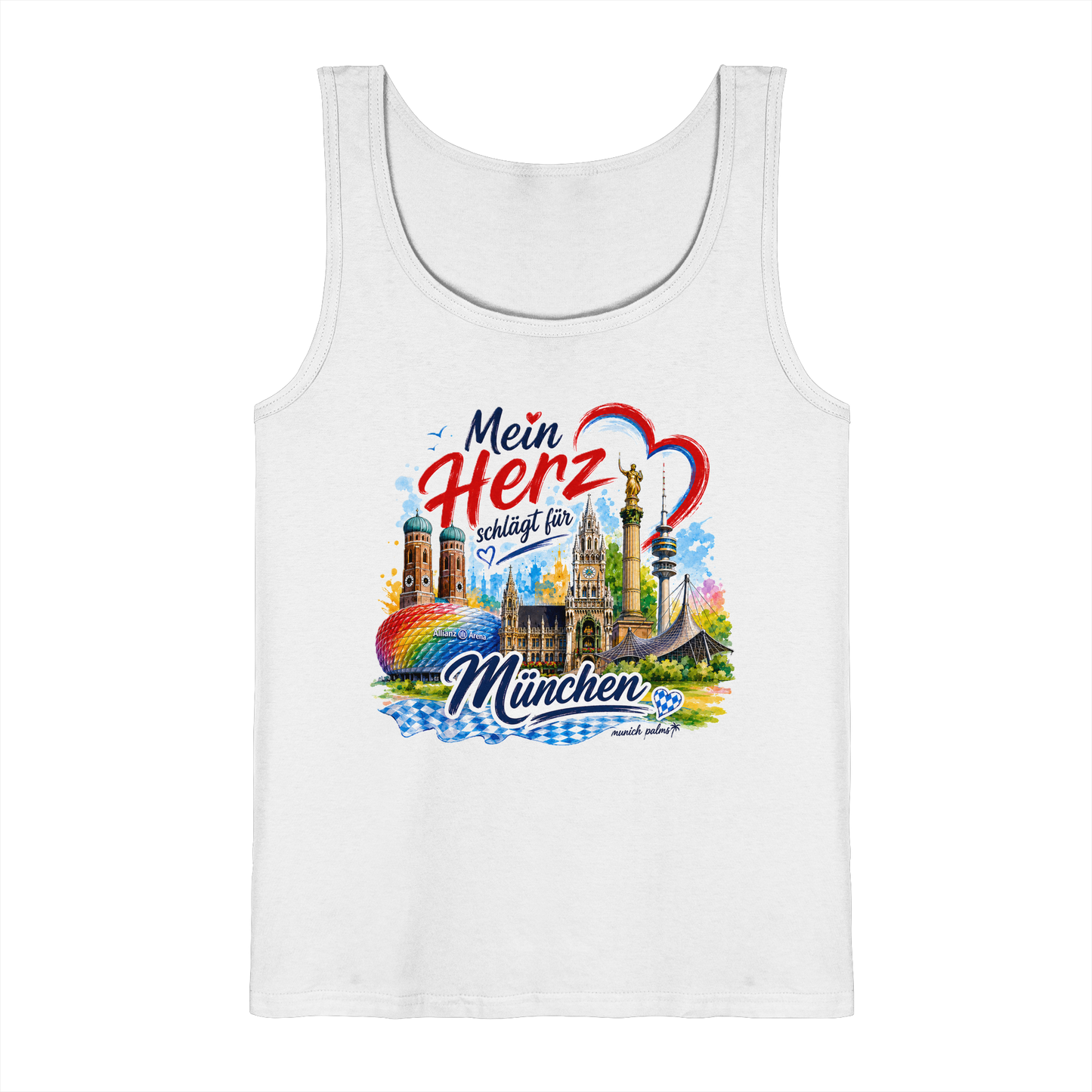 Weißes Tank-Top von Munich Palms mit buntem München-Design und Wahrzeichen, ideal für Fans der bayerischen Stadt
