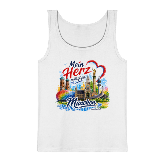 Weißes Tank-Top von Munich Palms mit buntem München-Design und Wahrzeichen, ideal für Fans der bayerischen Stadt