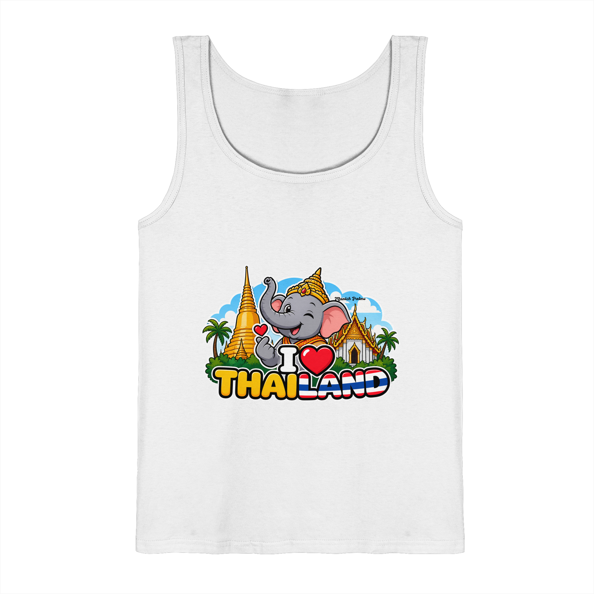 Weißes Tank-Top mit Elefanten-Design und "I Love Thailand" Motiv, exklusiv im Munich Palms Stil, von Online Kaufhaus München.
