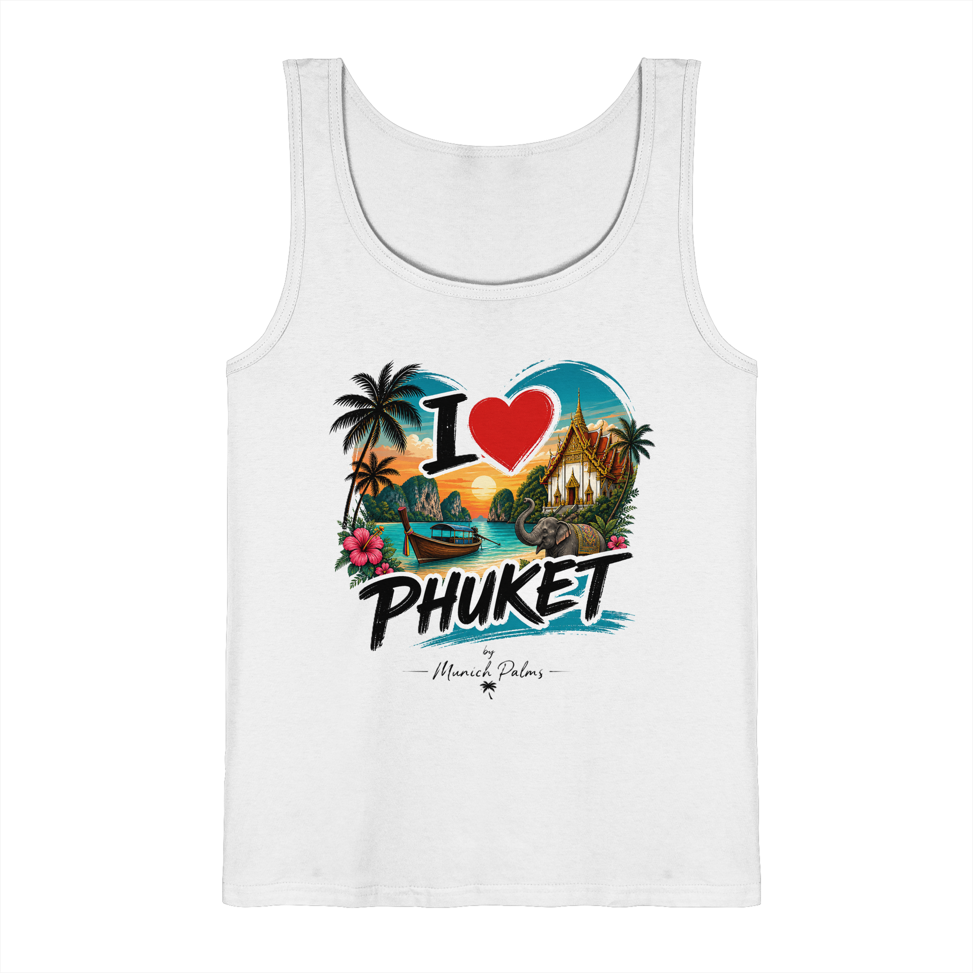 Weißes Tank-Top mit "I love Phuket" Aufdruck, bequemes Damen-Tank-Top von Online Kaufhaus München, Frontansicht