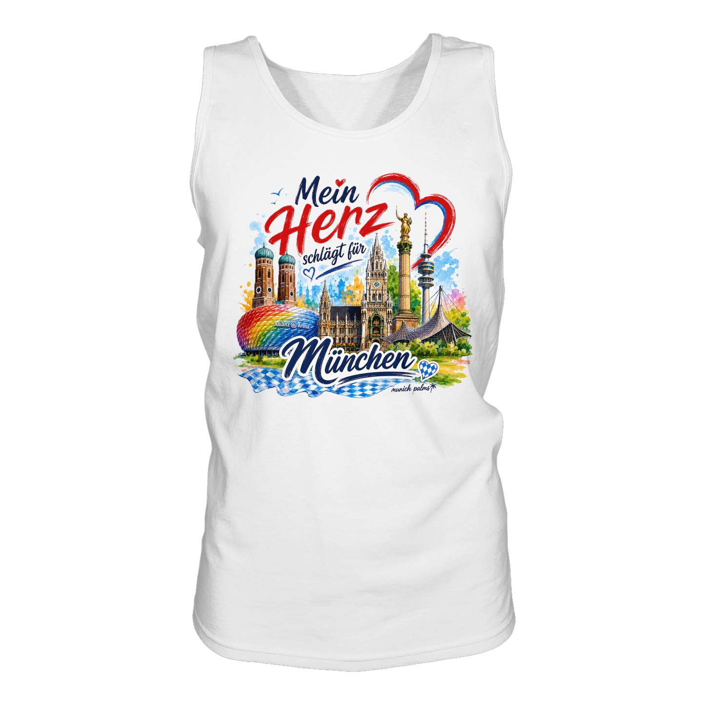Weißes Tank-Top von Munich Palms mit buntem München Design und Wahrzeichen, ideal für Fans der bayerischen Stadt.