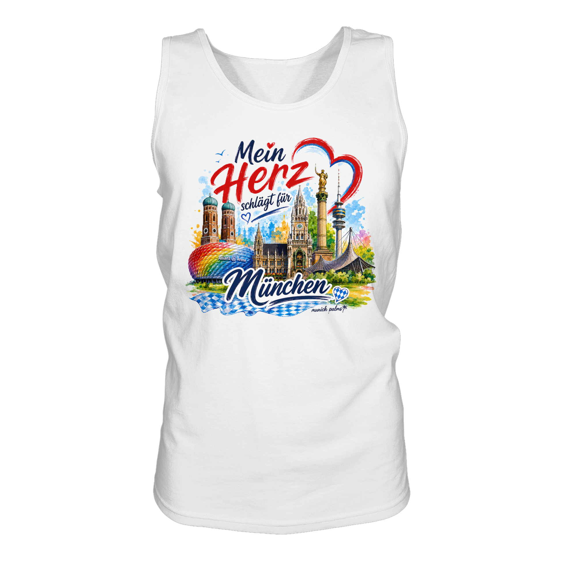 Weißes Tank-Top von Munich Palms mit buntem München Design und Wahrzeichen, ideal für Fans der bayerischen Stadt.