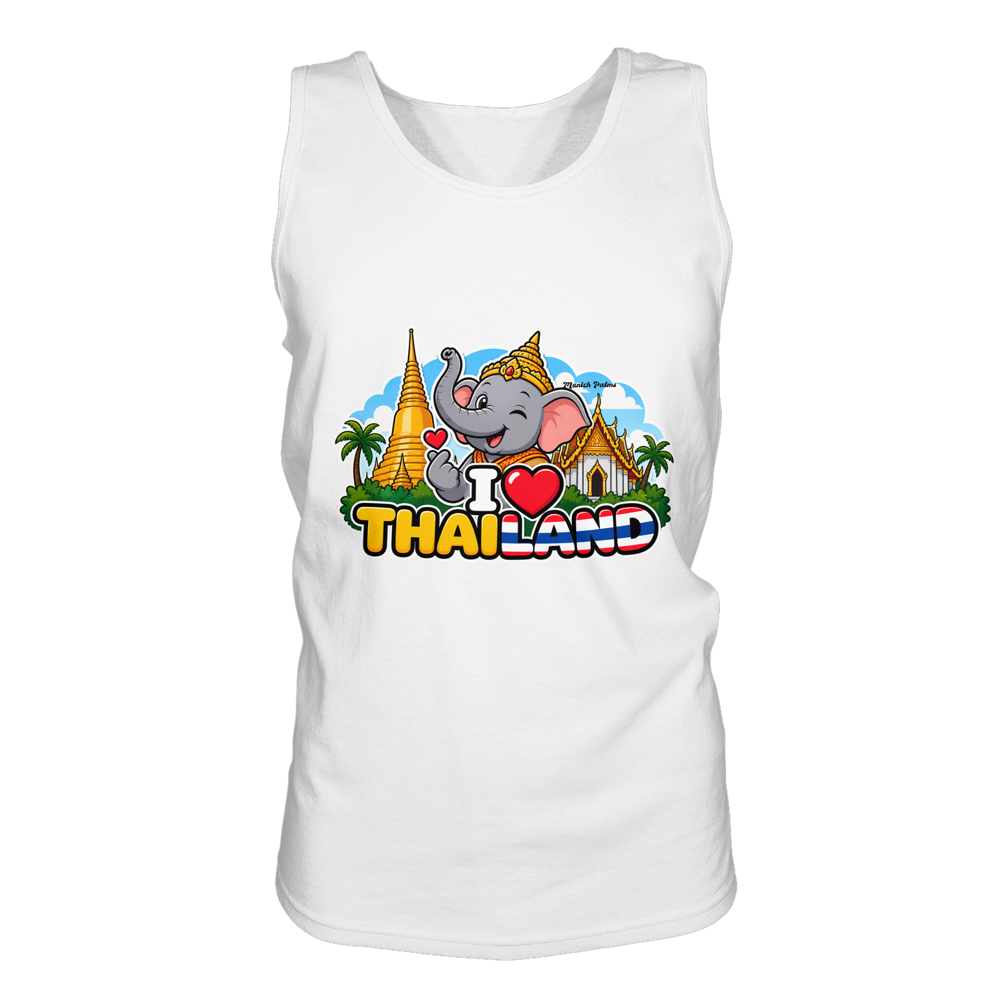 Weißes Tank-Top mit Elefanten-Design und "I Love Thailand" Aufdruck, exklusiv im Munich Palms Stil, für Damen.