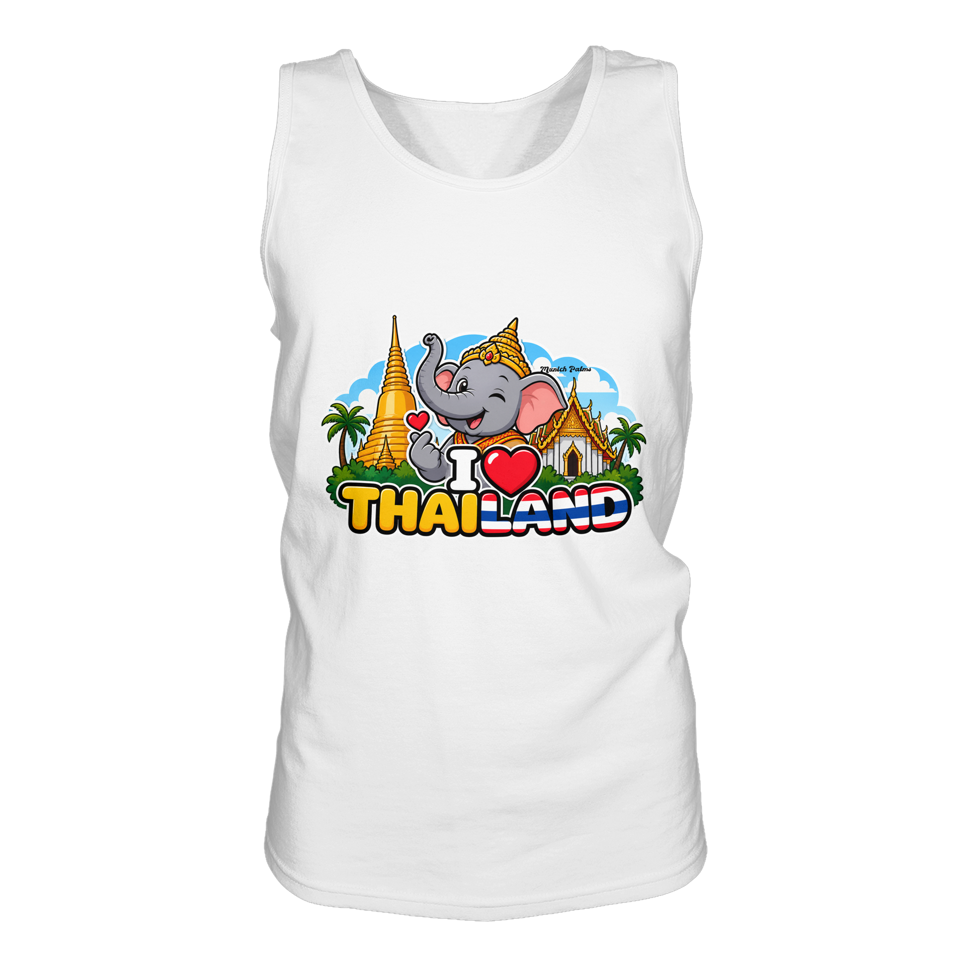 Weißes Tank-Top mit Elefanten-Design und "I Love Thailand" Aufdruck, exklusiv im Munich Palms Stil, für Damen.