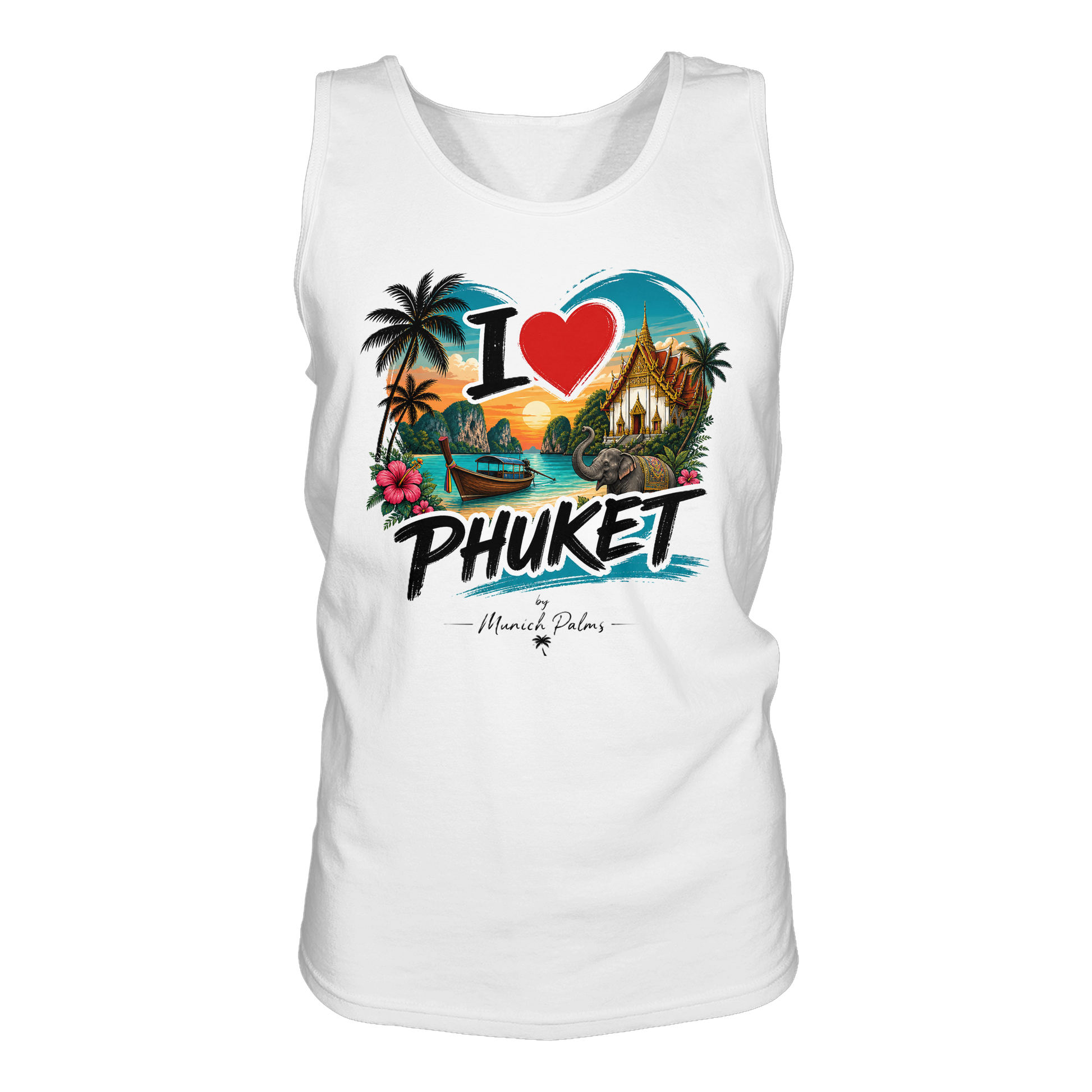 Weißes Tank-Top mit "I love Phuket" Print, Damen-Tank-Top von Online Kaufhaus München, vorneansicht