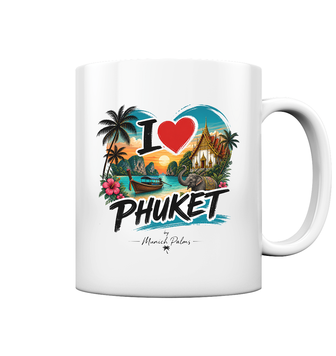 Glossy Trinkgefäß mit "I love Phuket" Schriftzug, weiße Tasse aus Keramik, ideal für Kaffee oder Tee