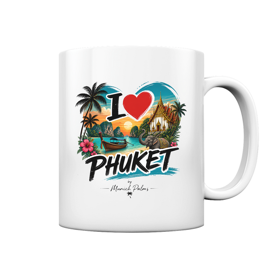 Glossy Trinkgefäß mit "I love Phuket" Schriftzug, weiße Tasse aus Keramik, ideal für Kaffee oder Tee