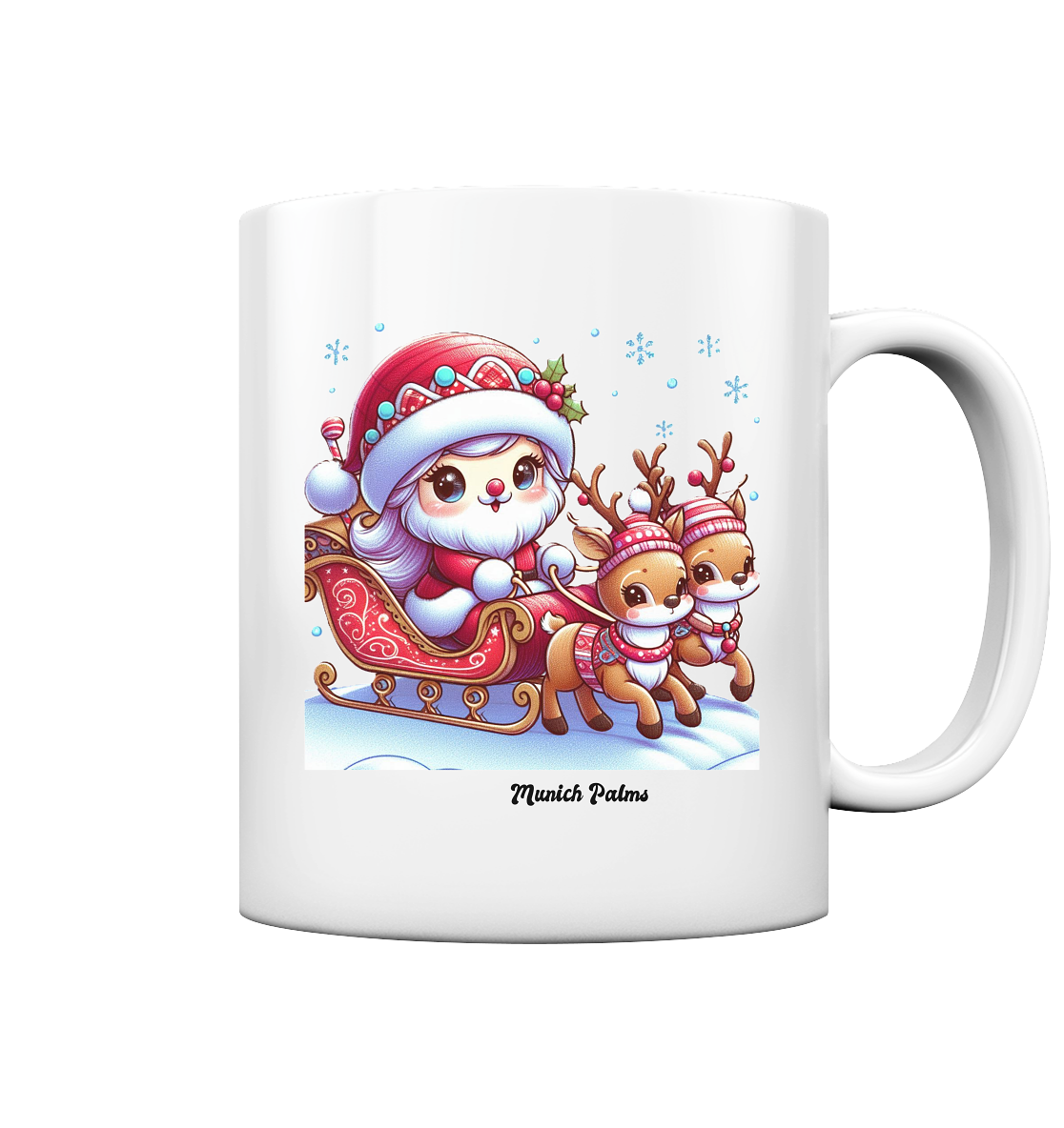 Weihnachten Nikolaus weiblich mit lieblichen Rentieren ,Design Munich Palms  - Tasse glossy