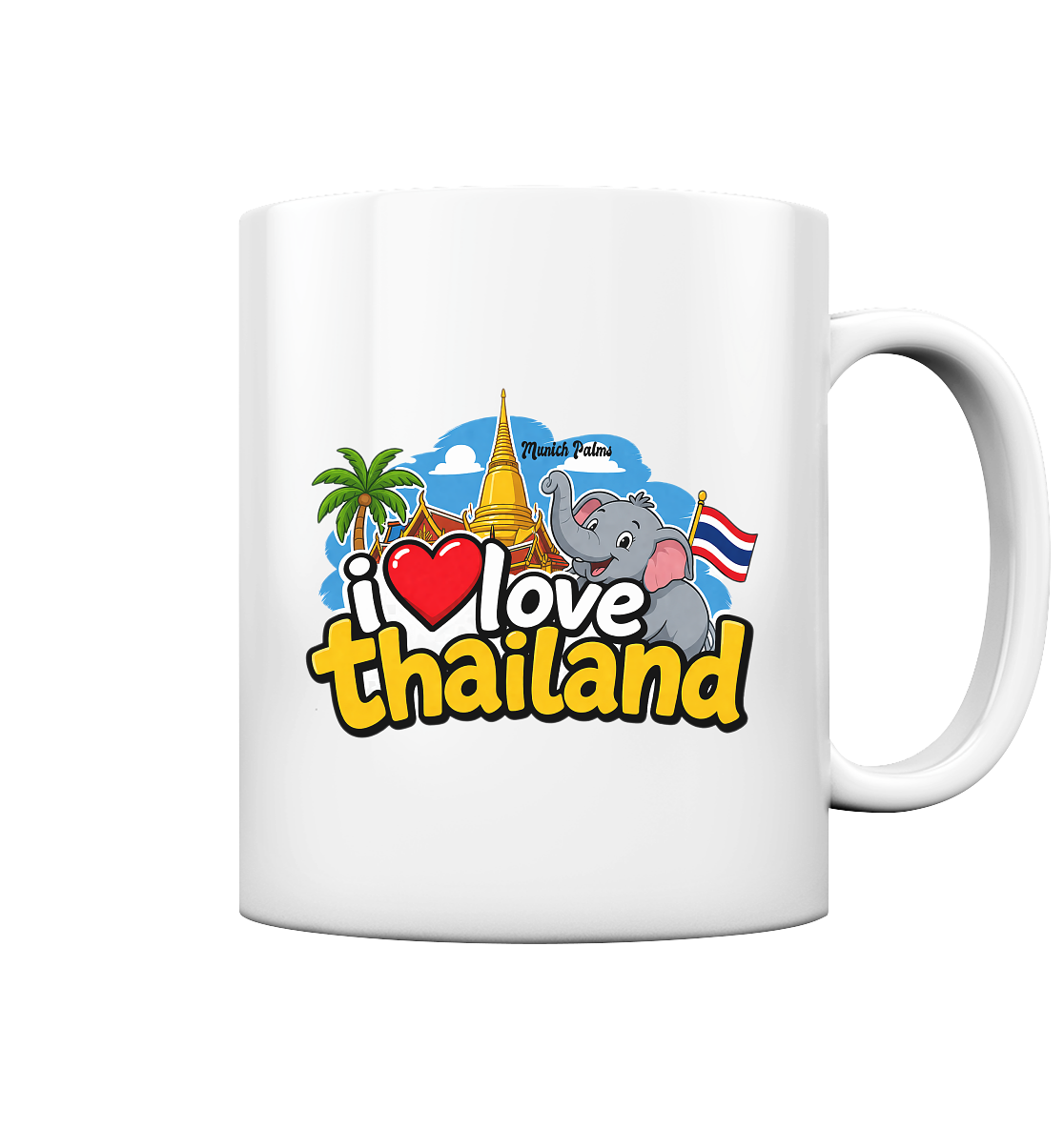 Glänzende weiße Tasse mit "I love Thailand" Aufdruck, Trinkgefäß aus Keramik, frontalansicht, ideal für Kaffee oder Tee.