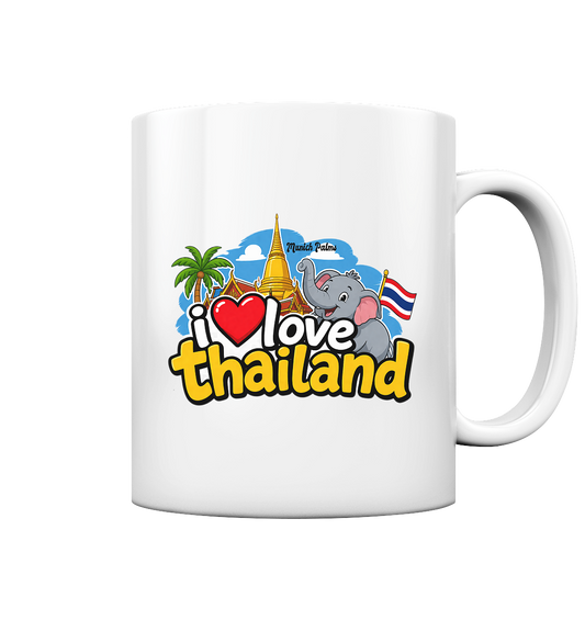 Glänzende weiße Tasse mit "I love Thailand" Aufdruck, Trinkgefäß aus Keramik, frontalansicht, ideal für Kaffee oder Tee.