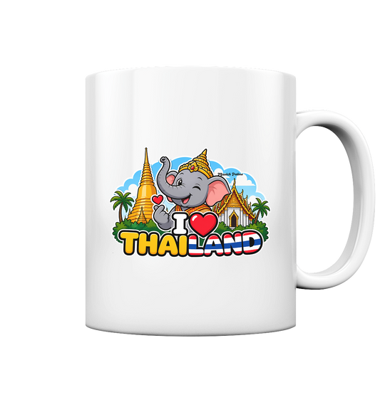 Glänzende Trinkgefäß-Tasse mit I Love Thailand Elefanten-Design, exklusiv im Munich Palms Stil, Frontansicht