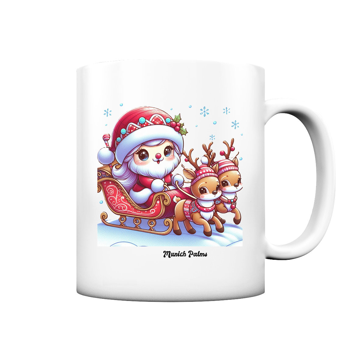 Weihnachten Nikolaus weiblich mit lieblichen Rentieren ,Design Munich Palms  - Tasse matt