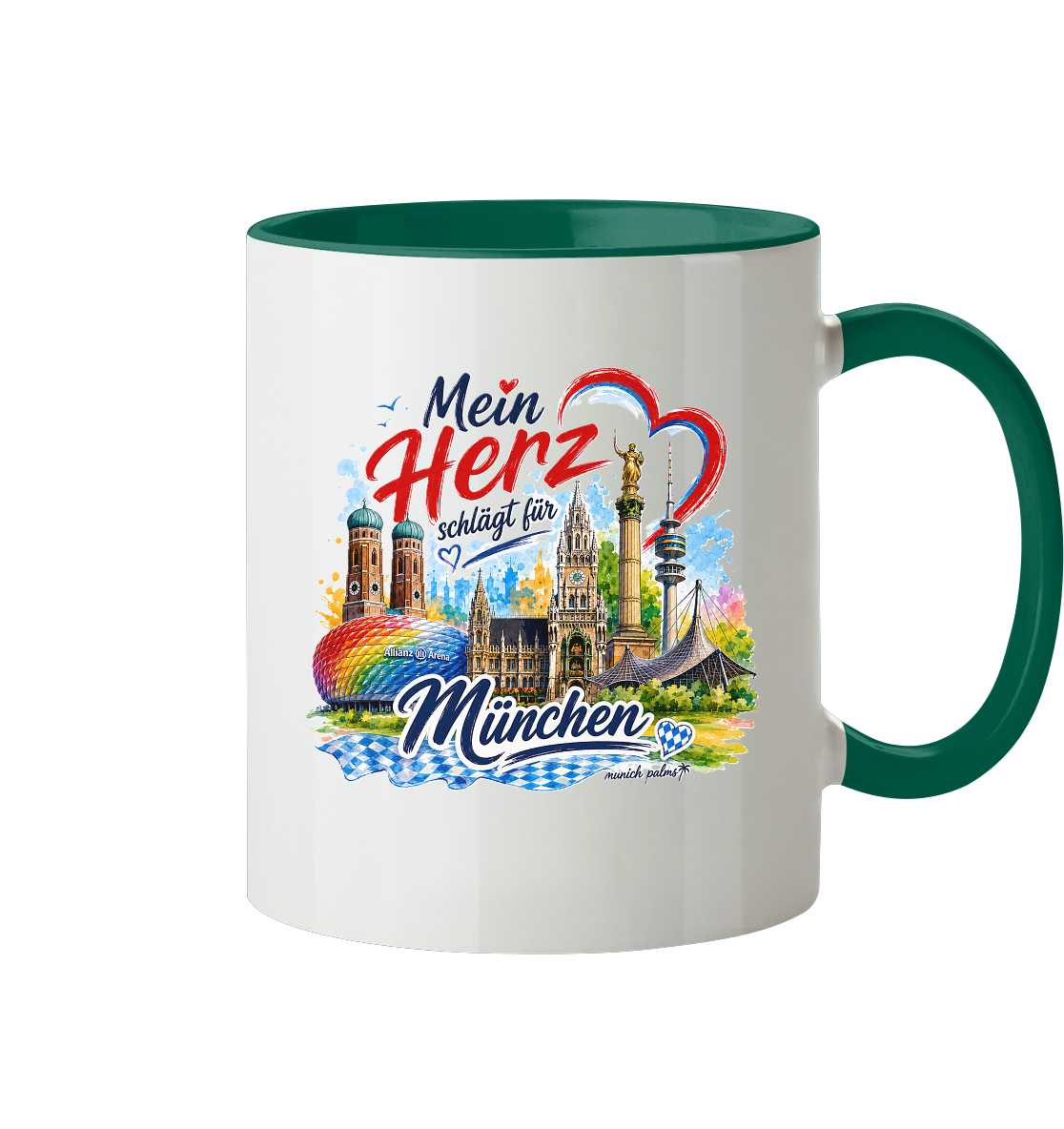 Bunte München Tasse mit Wahrzeichen, zweifarbiges Trinkgefäß, "Mein Herz schlägt für München" Design, Munich Palms, Trinkgefäß