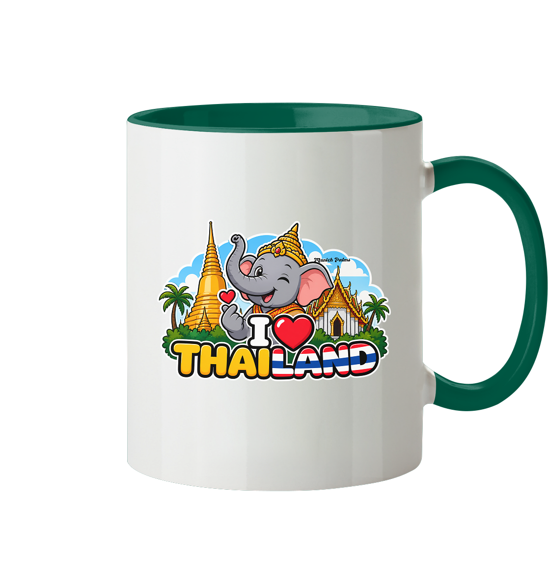 Zweifarbige Trinkgefäß-Tasse mit lachendem Elefanten und Thailand-Motiv im Munich Palms Design, Frontansicht
