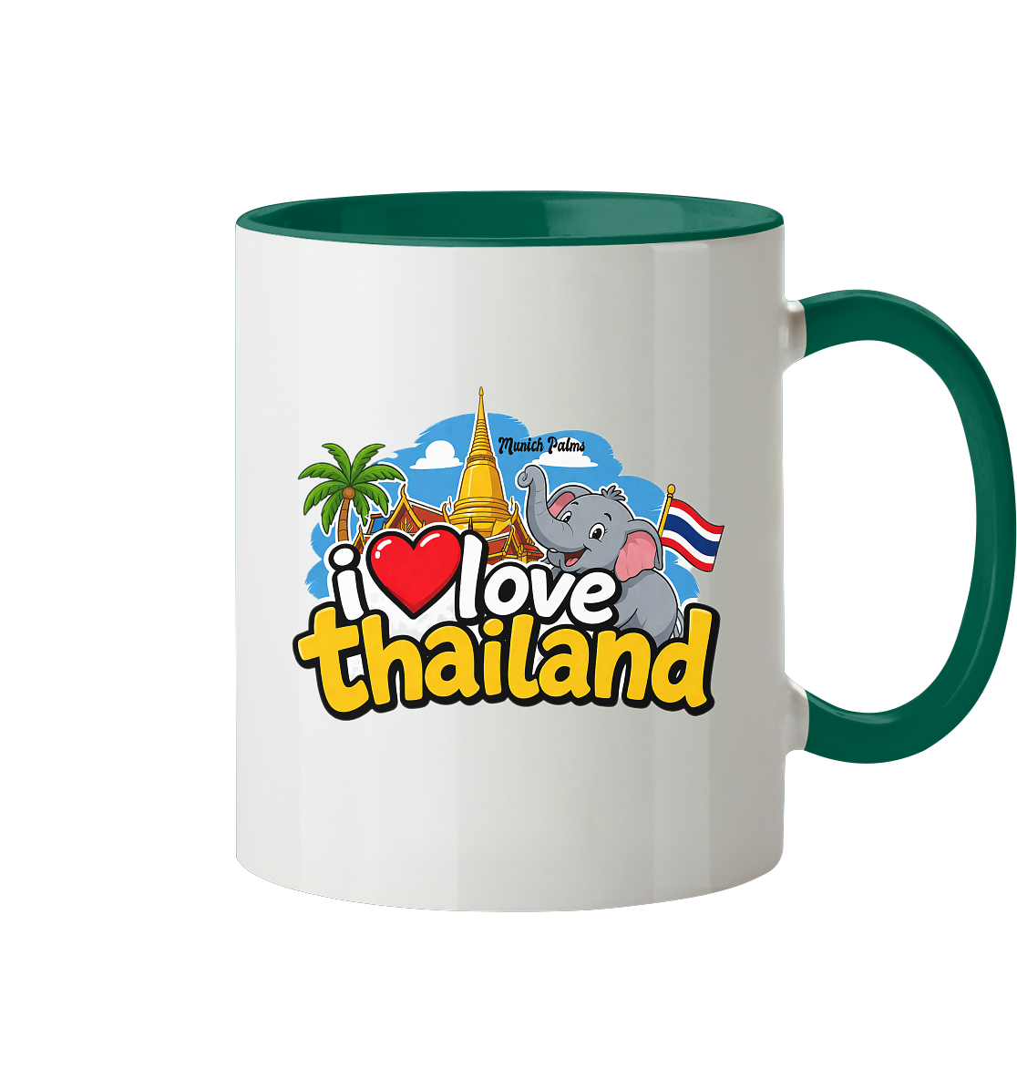 Zweifarbige Tasse mit "I love Thailand" Aufdruck, Trinkgefäß aus Keramik, Vorderansicht, stilvolles Design.
