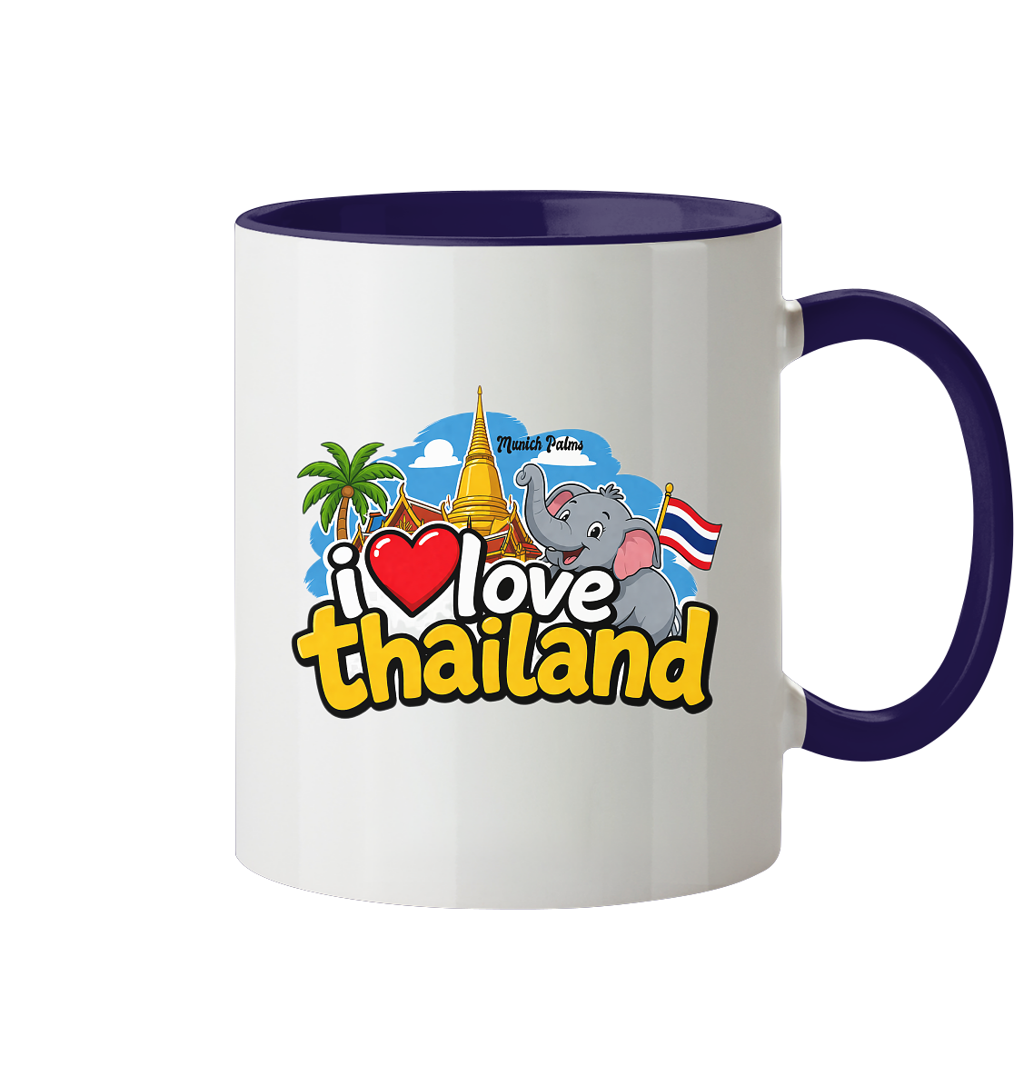 Zweifarbige Tasse mit "I love Thailand" Aufdruck, Trinkgefäß, Frontansicht, weiß und blau, ideal für Kaffee oder Tee
