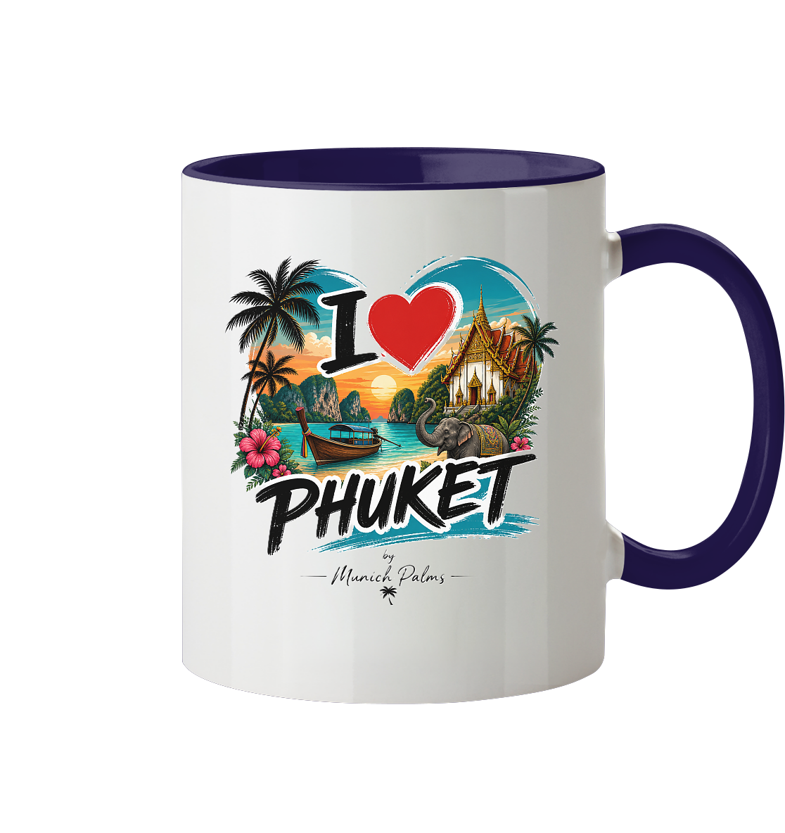 Zweifarbige I love Phuket Trinkgefäß von Online Kaufhaus München, Vorderansicht mit farbigem Design auf Keramiktasse