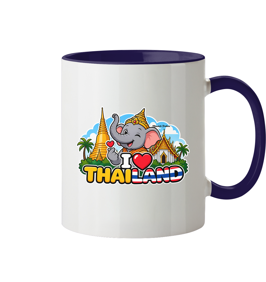Zweifarbige I Love Thailand Tasse mit lachendem Elefanten im exklusiven Munich Palms Design, Trinkgefäß aus Keramik.
