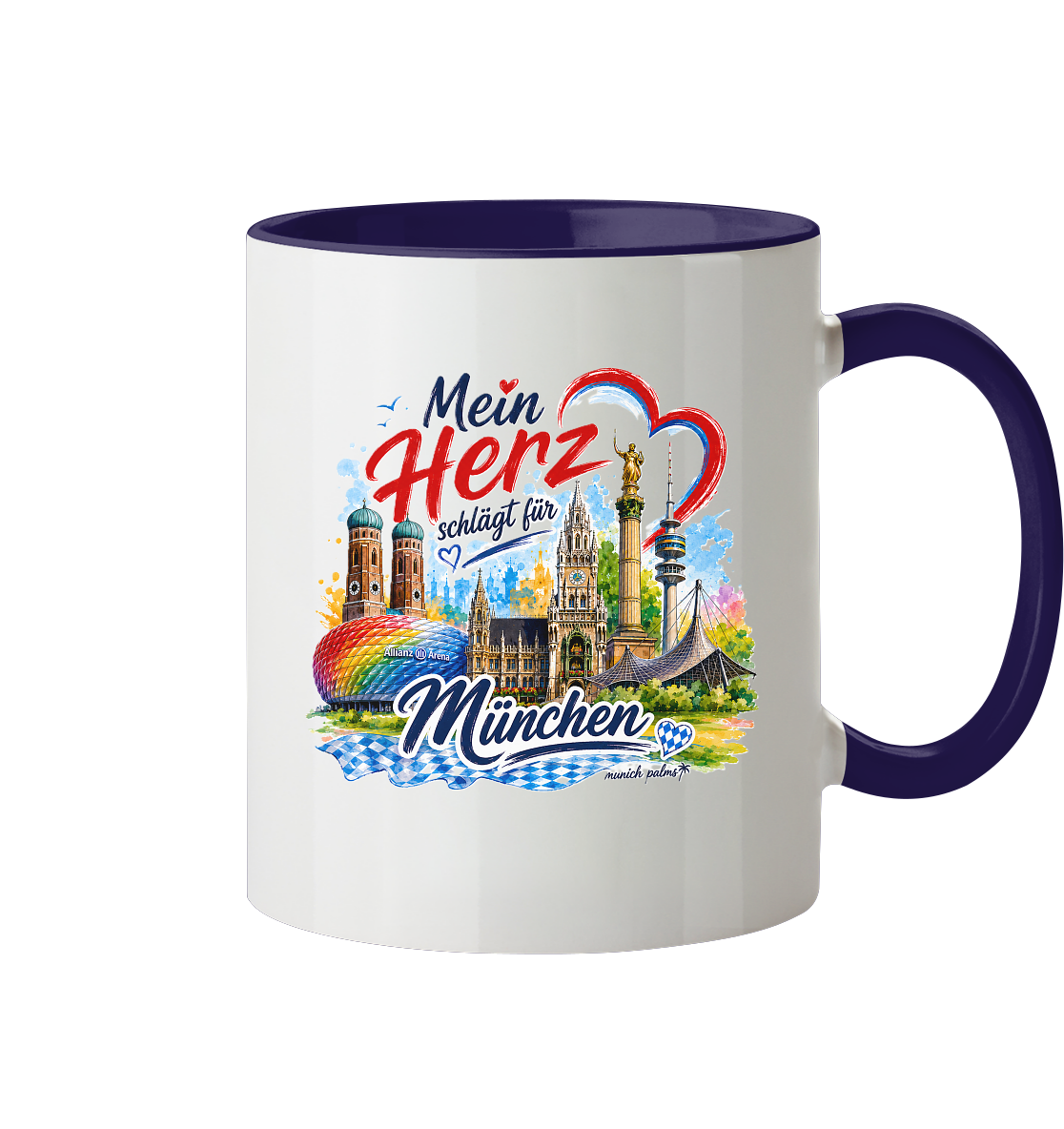 Zweifarbige Tasse mit München Wahrzeichen, "Mein Herz schlägt für München" Design, Trinkgefäß von Munich Palms