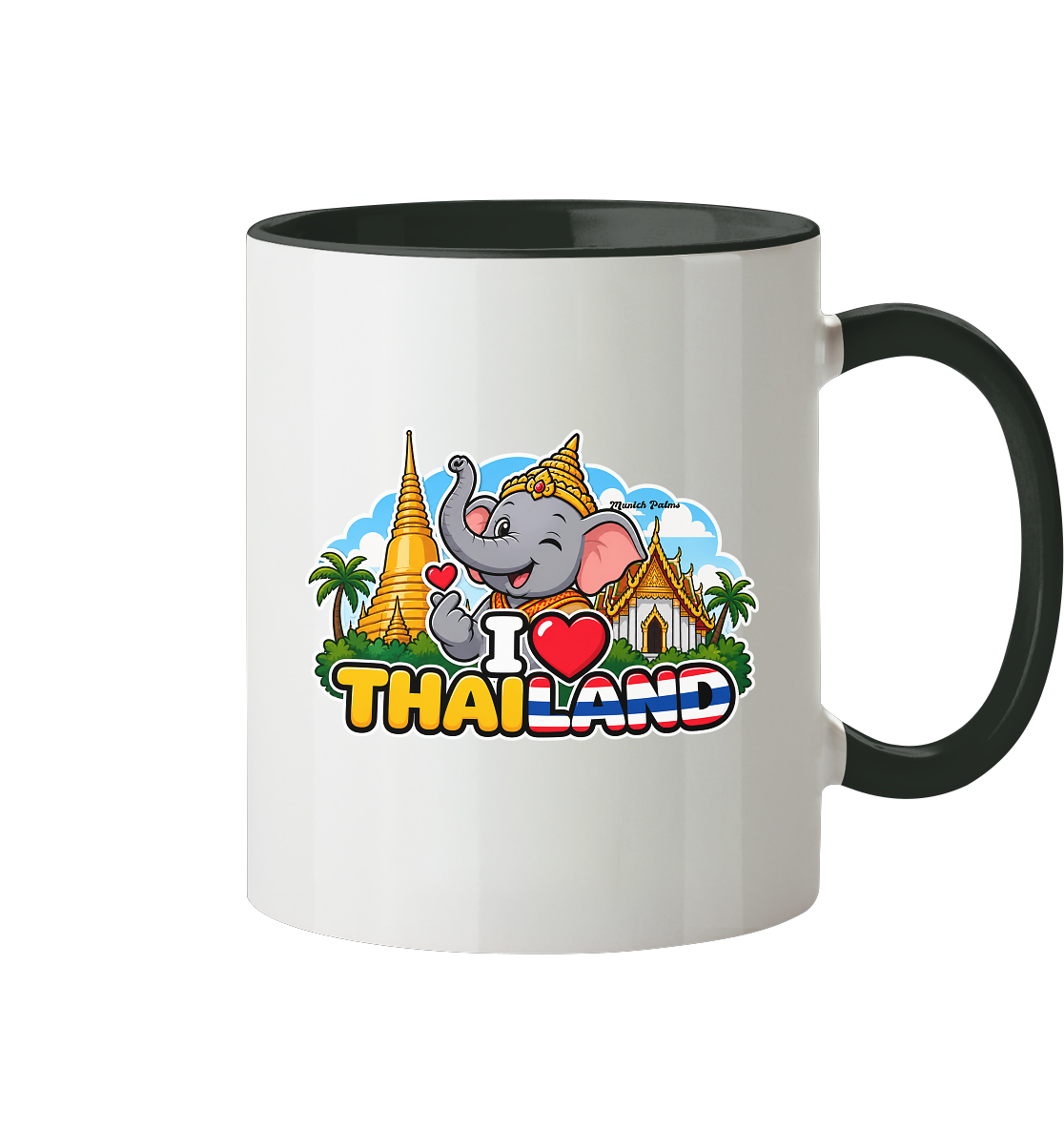 Zweifarbige Trinkgefäß mit Elefantenmotiv und "I Love Thailand" Schrift, exklusives Munich Palms Design, frontale Ansicht