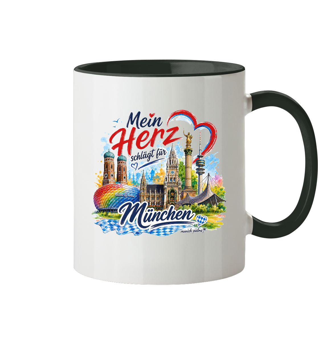 Bunte zweifarbige Tasse von Munich Palms mit Herz und Wahrzeichen von München, ideal für Trinkgefäße.
