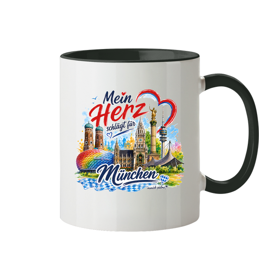 Bunte zweifarbige Tasse von Munich Palms mit Herz und Wahrzeichen von München, ideal für Trinkgefäße.