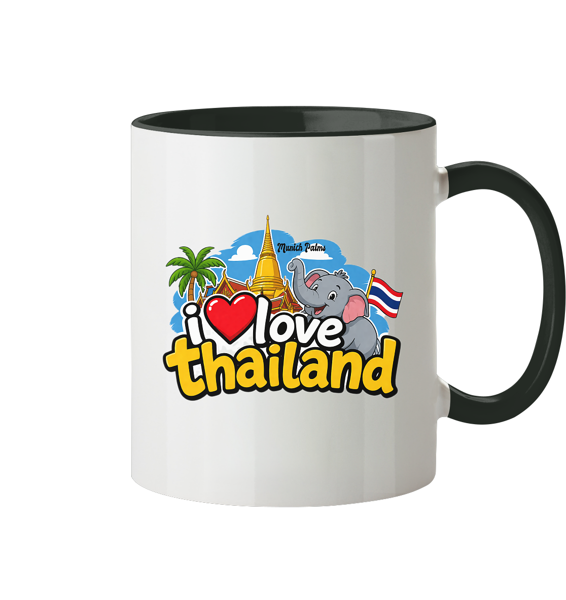 Zweifarbige Trinkgefäß-Tasse mit "I love Thailand" Schriftzug, stilvolles Design, ideal für Kaffee oder Tee.