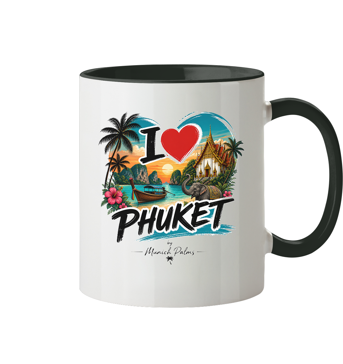 Zweifarbige "I love Phuket" Tasse, Trinkgefäß mit Schriftzug, frontale Ansicht, dekoratives Design, langlebiges Material